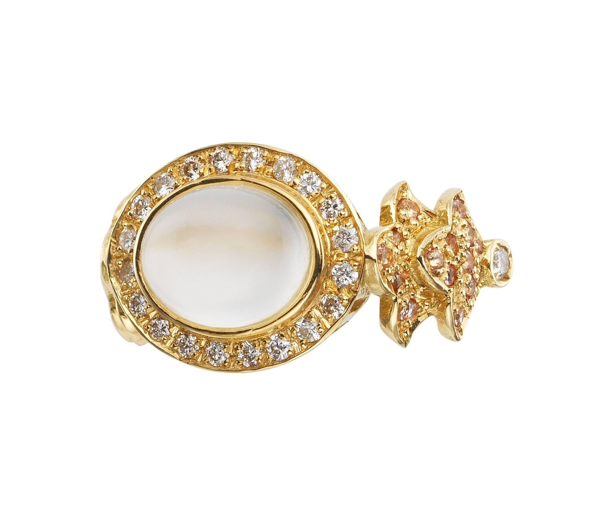 18kt yellow gold Sabine Getty Prospero Philippi ring set with moonstone, white diamond and pink topaz.  

Diamond: 0.30 Topaz: 0.26  

Available in size 50. Can be resized.   

The beautiful Prospero collection takes a strong inspiration from
