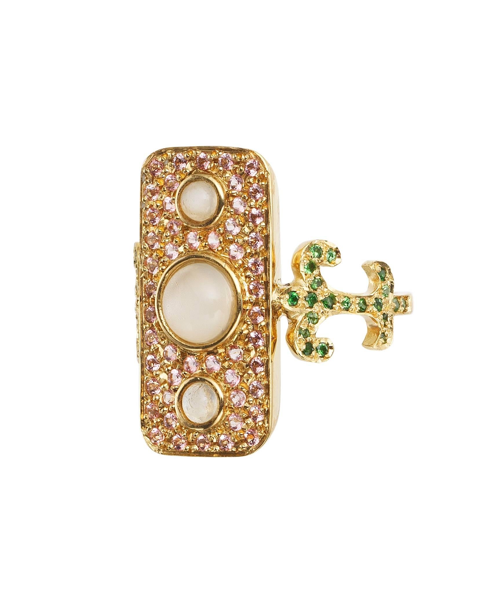 Sabine Getty Navona ring in 18k yellow gold set with moonstone, tsavorite and pink topaz. T: 0.34ct.		PT: 0.25ct.            M: 0.40ct.

The beautiful Prospero collection takes a strong inspiration from Rome, with its endless rich history in art