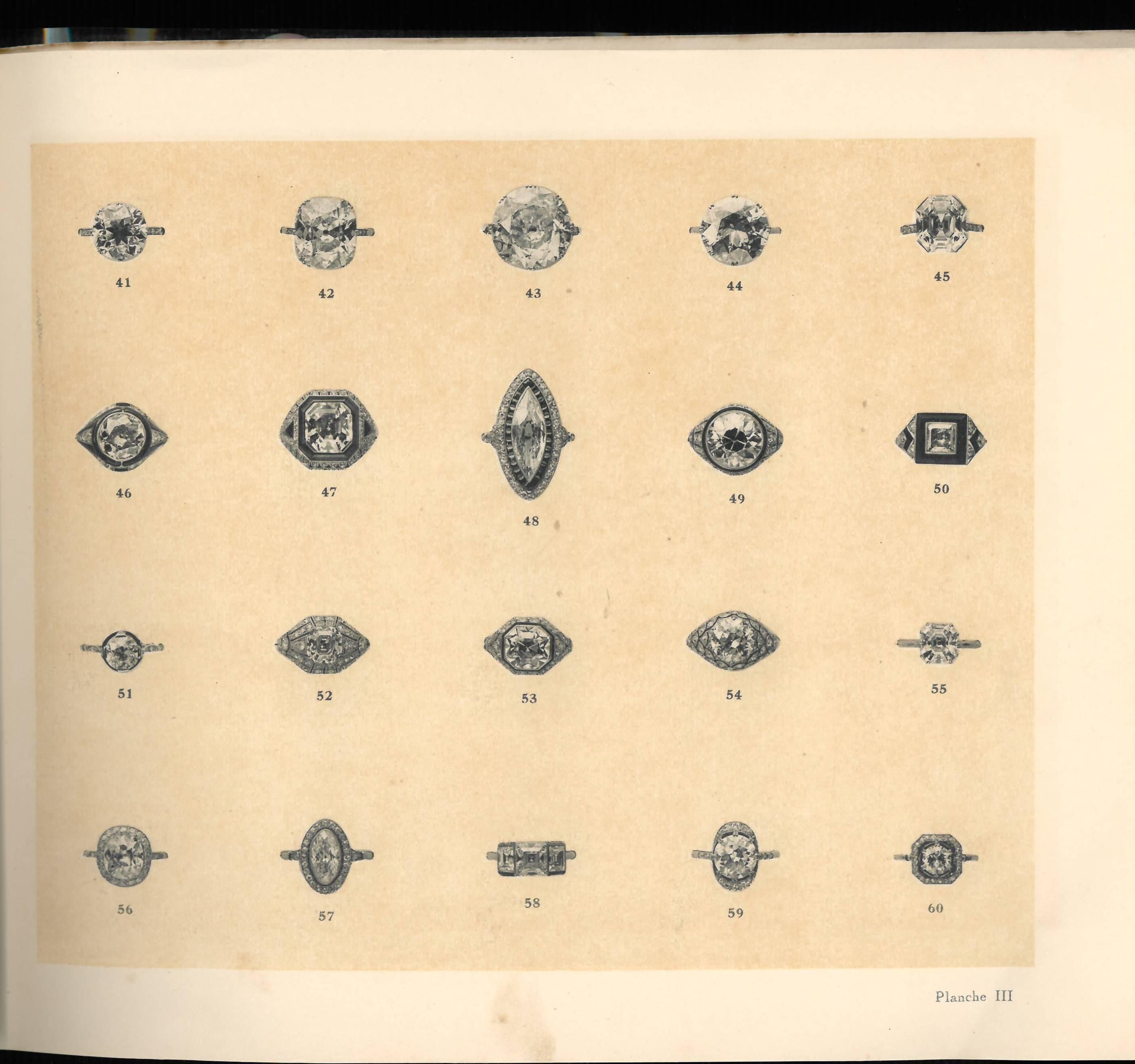 This is a rare trade catalogue produced by the House of Mauboussin to show their designs and pieces of jewellery. There are 32 plates in both colour and black & white together with the original price lists. There is a range including - rings,