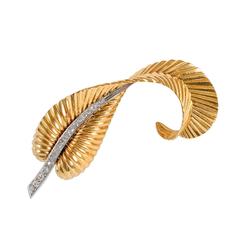 1950s Rose Gold Diamond Feather Brooch 5