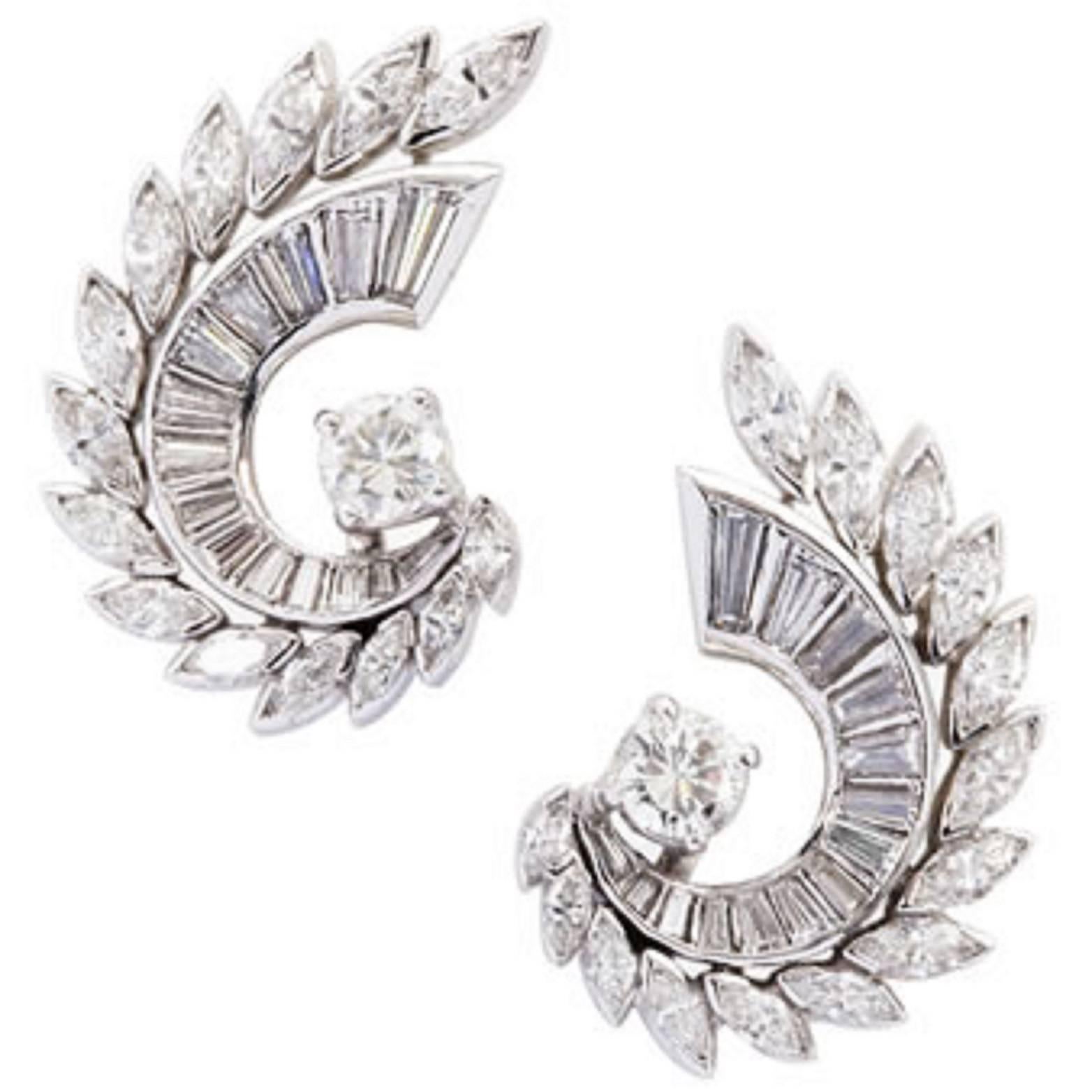 1950s Brilliant, Baguette and Navette Cut Diamond Earrings For Sale