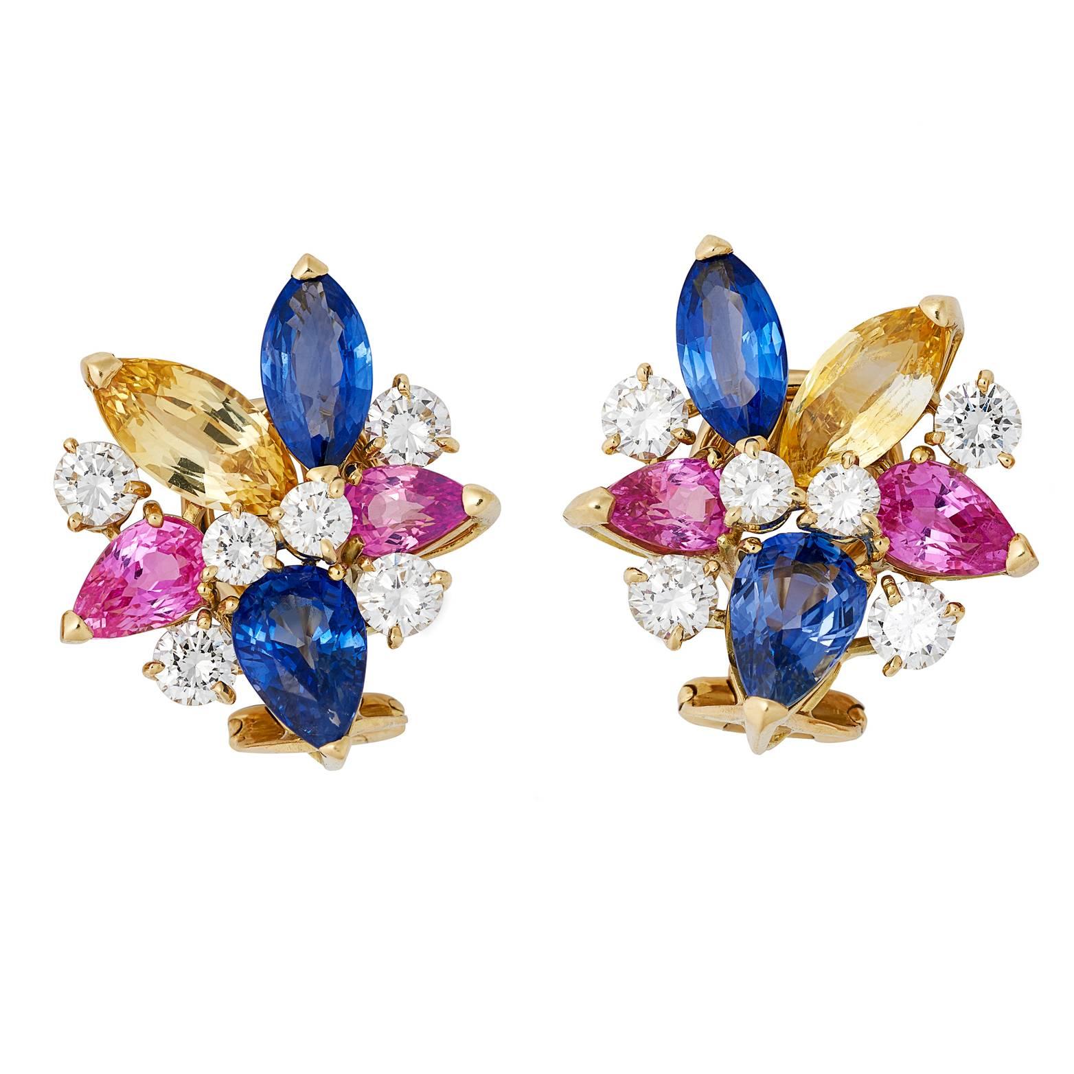 1970s Diamond, Pink, Yellow and Blue Sapphire Earclips