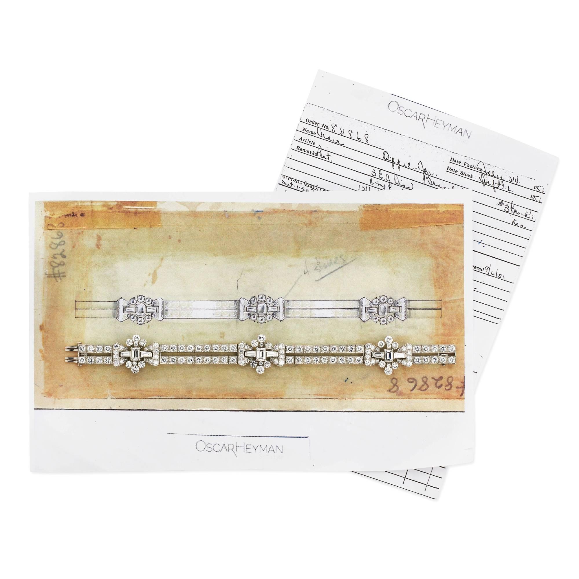 A highly desirable and rare brilliant cut, emerald cut and tapered baguette cut diamond bracelet set in platinum signed by Oscar Heyman in 1951 and numbered 82860

Highly unusually, we have copies of the original Oscar Heyman drawings and workshop