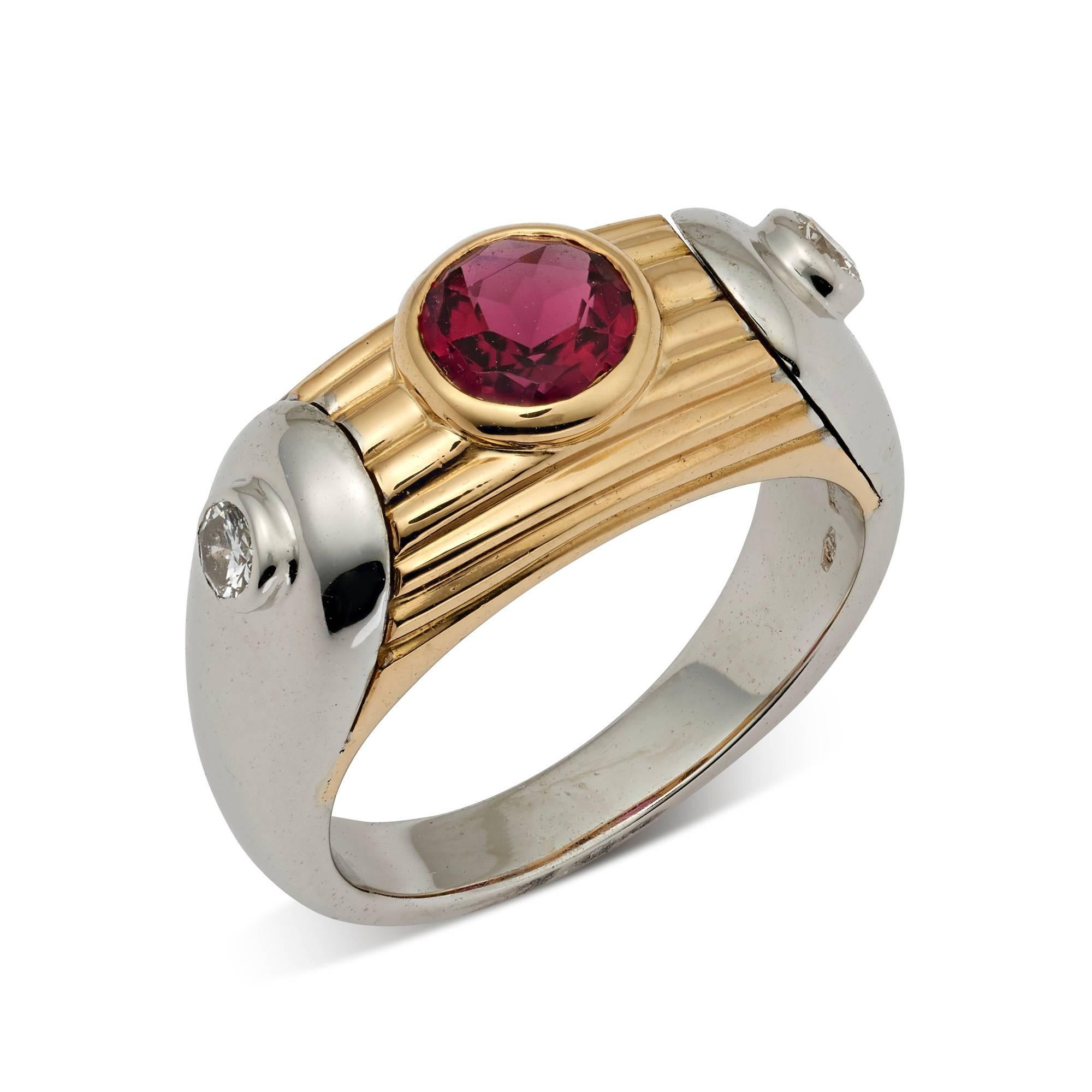 A very chic pink tourmaline and diamond ring set in 18ct yellow and white gold, signed and numbered by Bvlgari

Finger size L - Can be adjusted slightly

Diameter of pink tourmaline 5.5mm