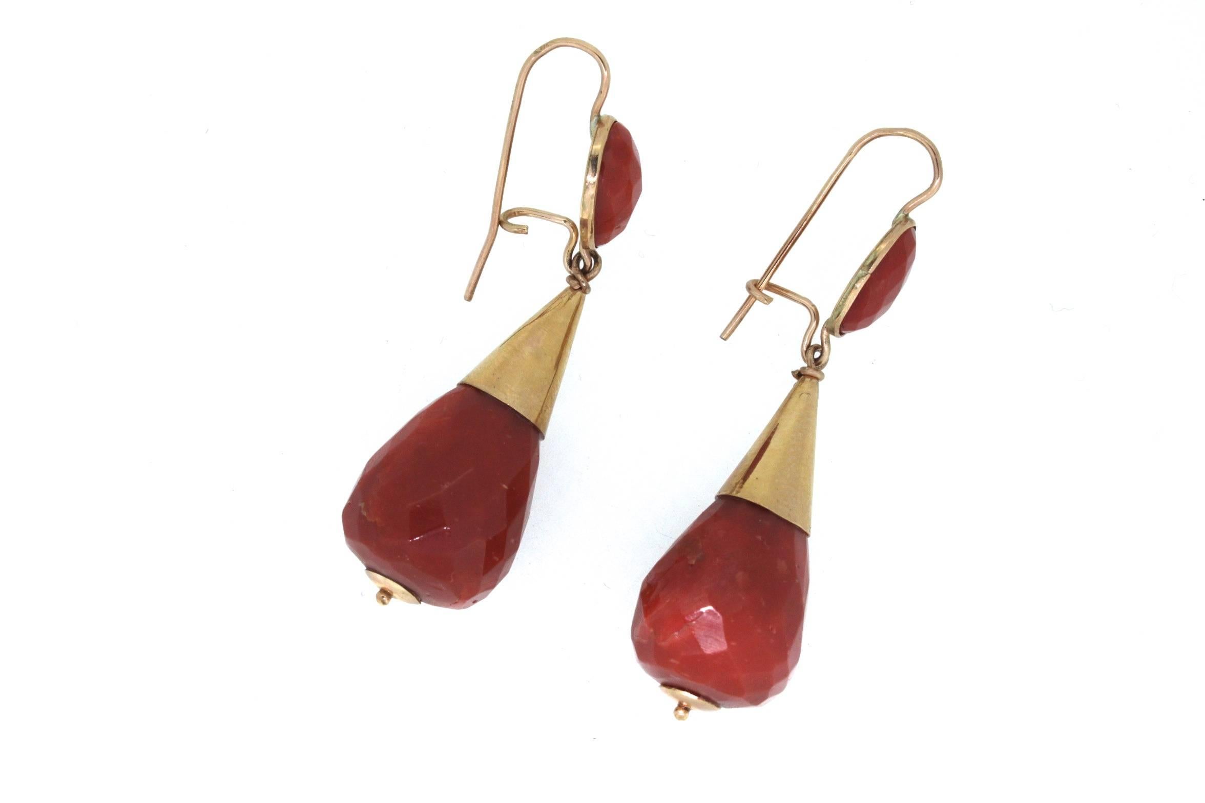 Romantic Tempi D'Oro Red Natural Coral Gold Drop Earrings For Sale