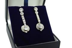 Art Deco 8 Carat White Diamond Yellow Gold Dangle Earrings