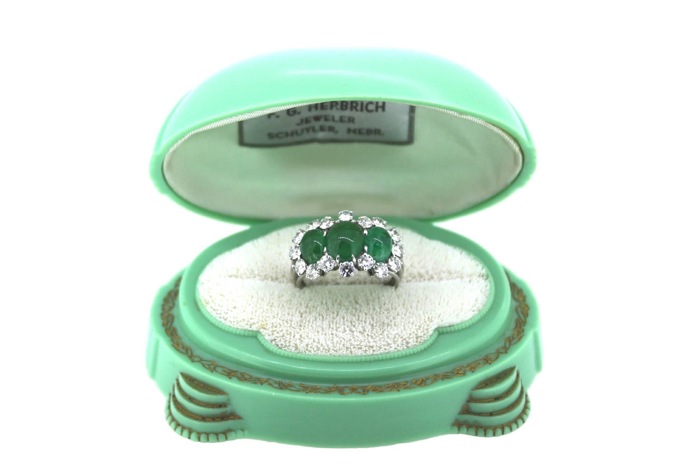 Romantic Cabochon Emeralds Diamonds Gold Three Stone Ring