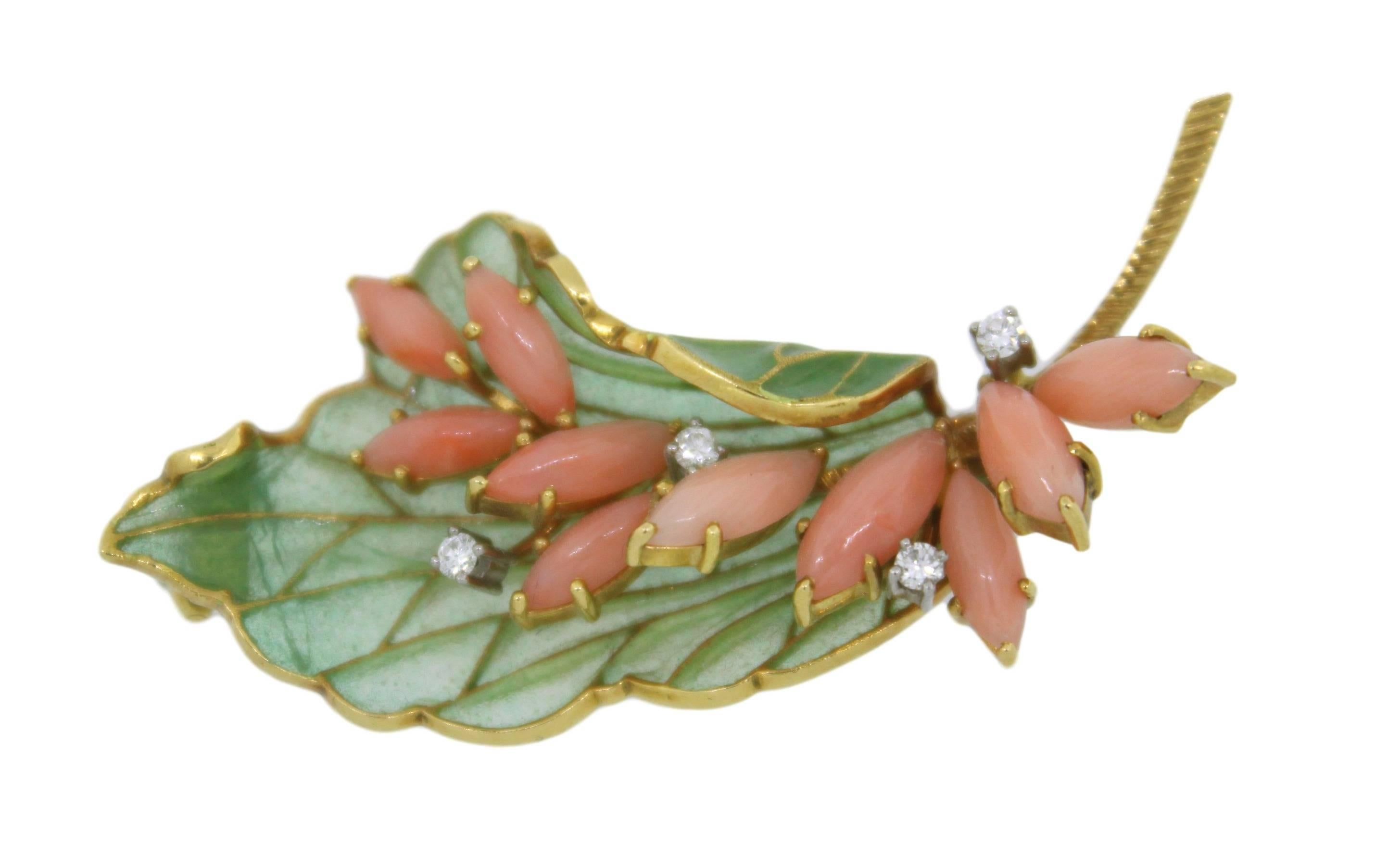 Art Nouveau 1950 Enamel Coral Diamond Angelskin Gold Brooch For Sale