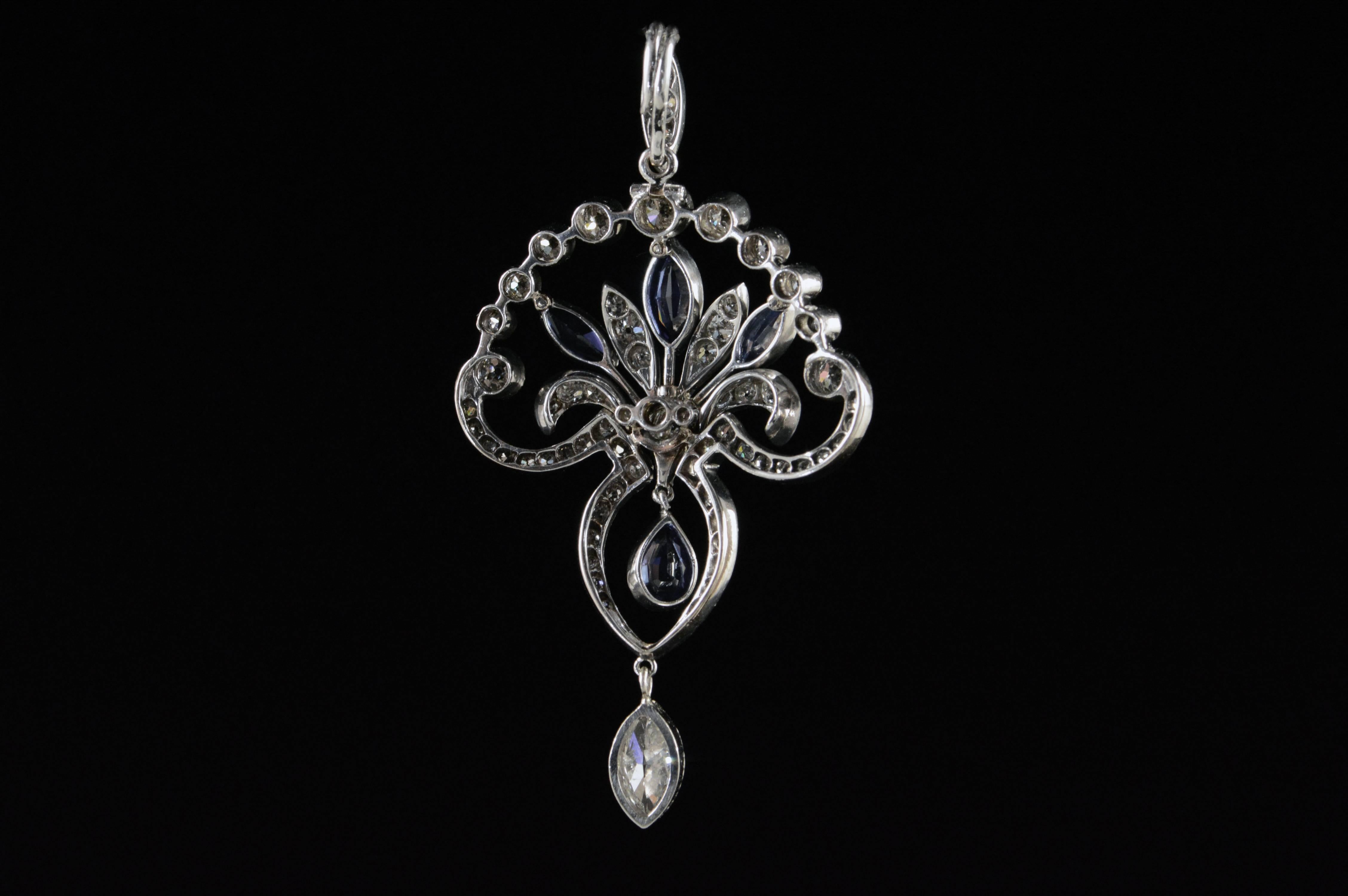 Women's Art Deco Sapphire Diamond Platinum Pendant For Sale