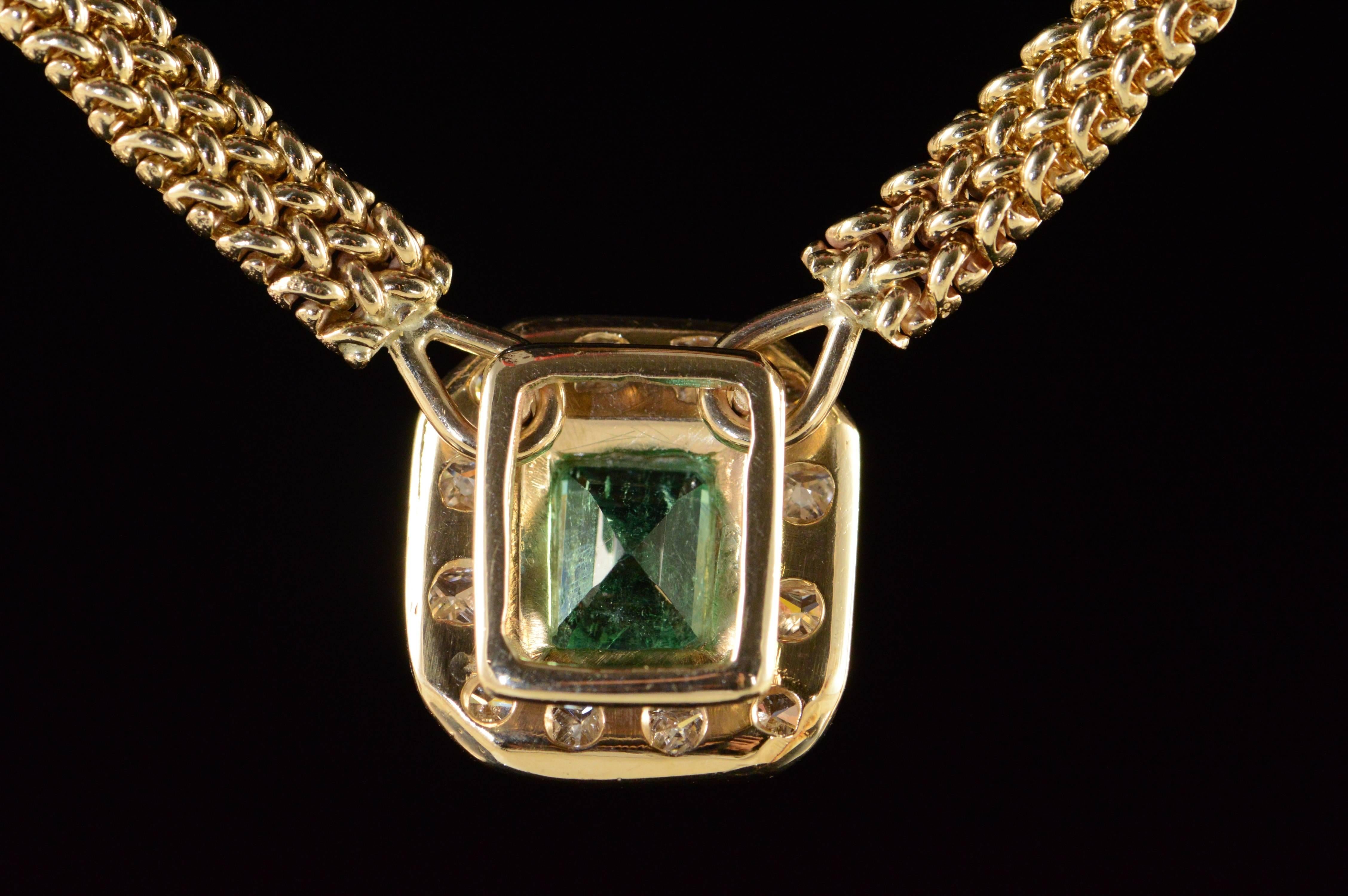 2.91 Carat Emerald Diamond Gold Halo Necklace  For Sale 1