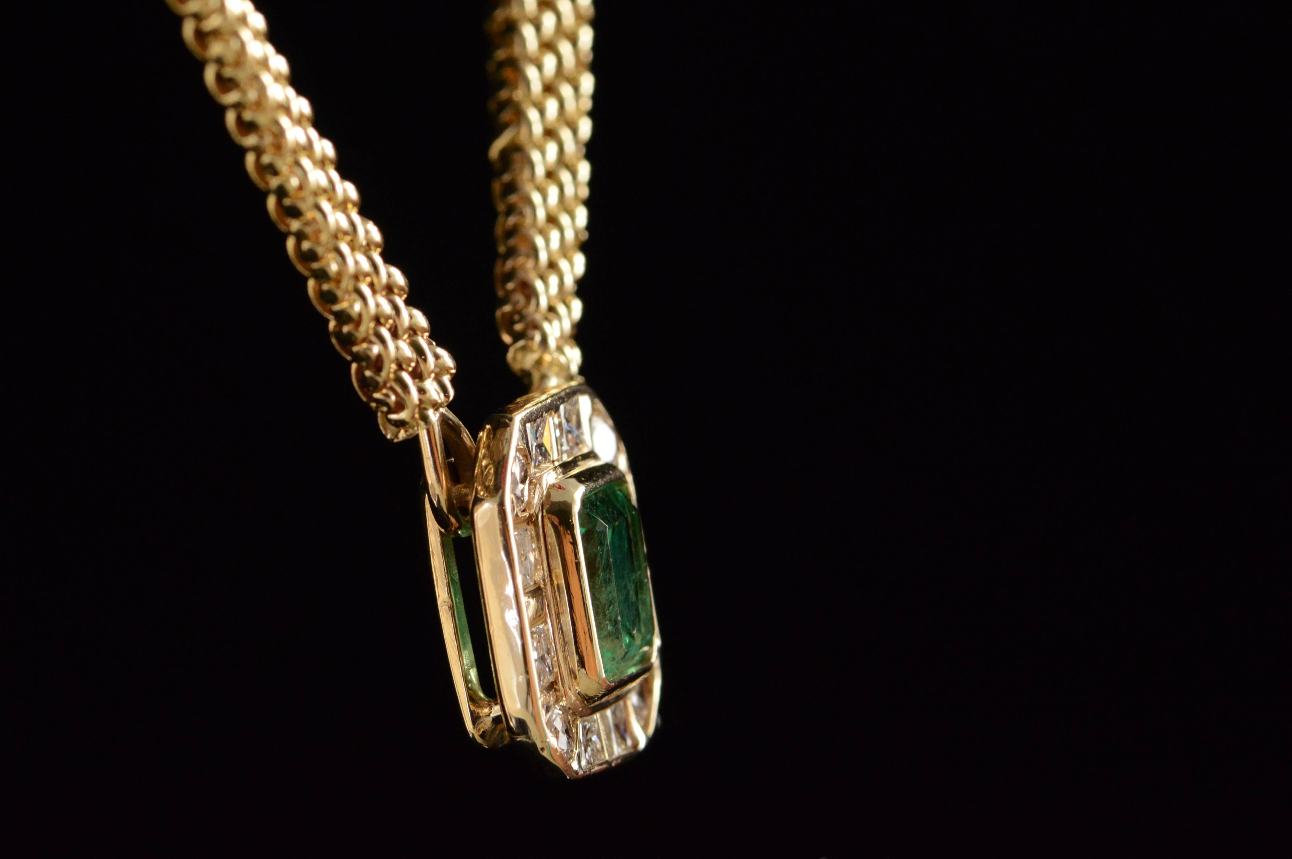 2.91 Carat Emerald Diamond Gold Halo Necklace  For Sale 2