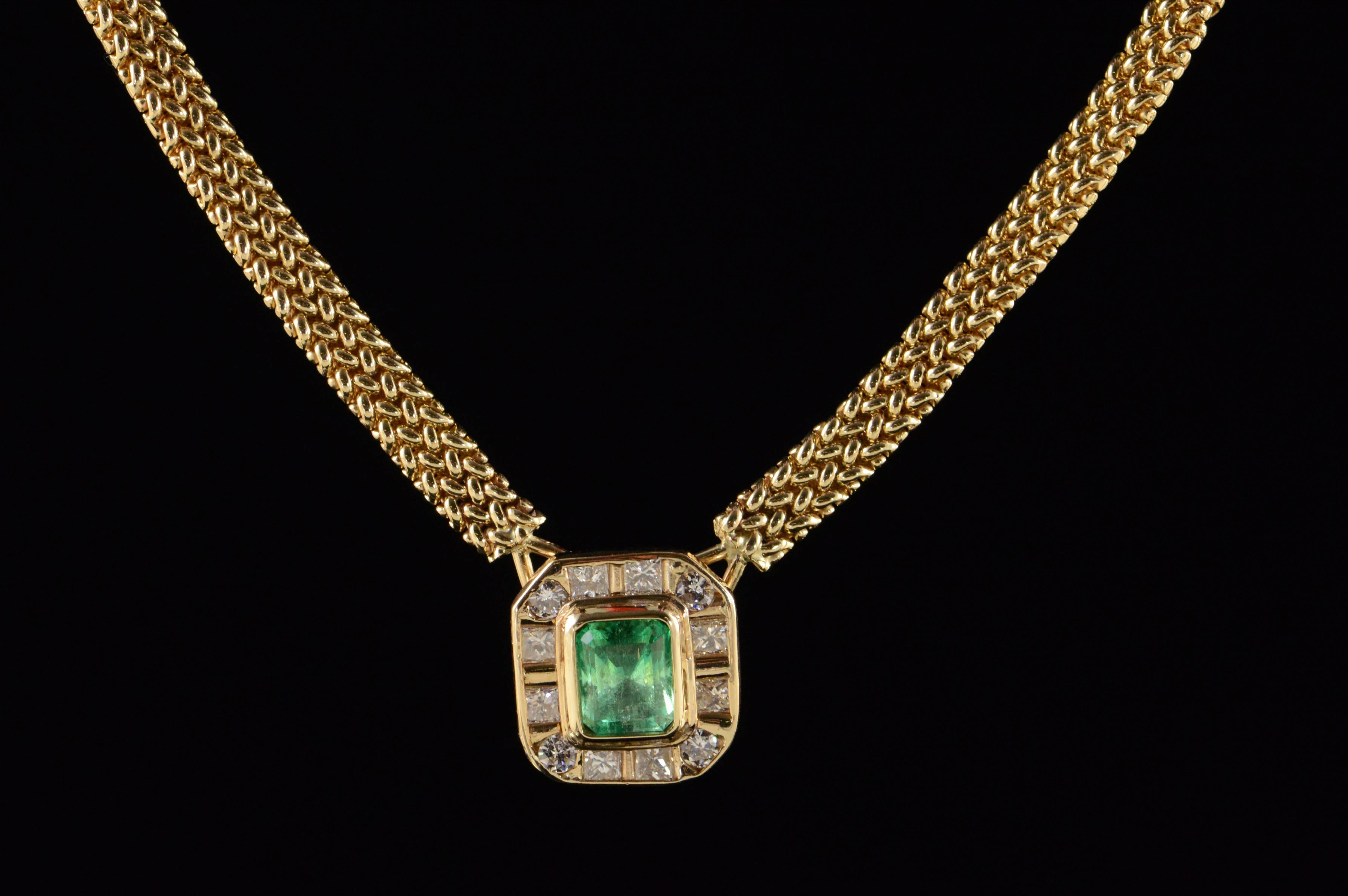 2.91 Carat Emerald Diamond Gold Halo Necklace  In Excellent Condition For Sale In Frederick, MD