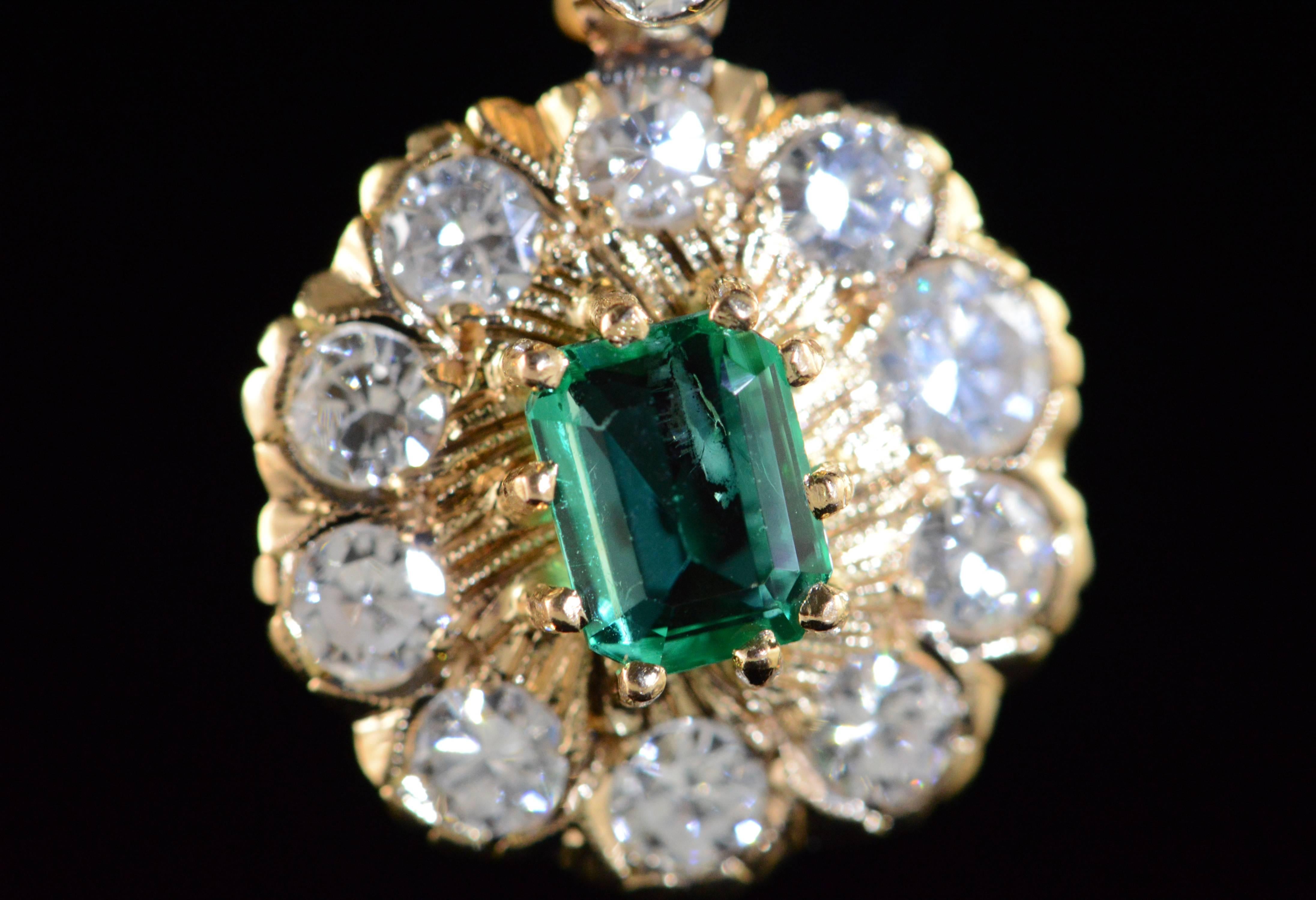  1.50 Carats Emeralds 2.80 Carats Old Mine Cut Diamonds Gold Earrings For Sale 1