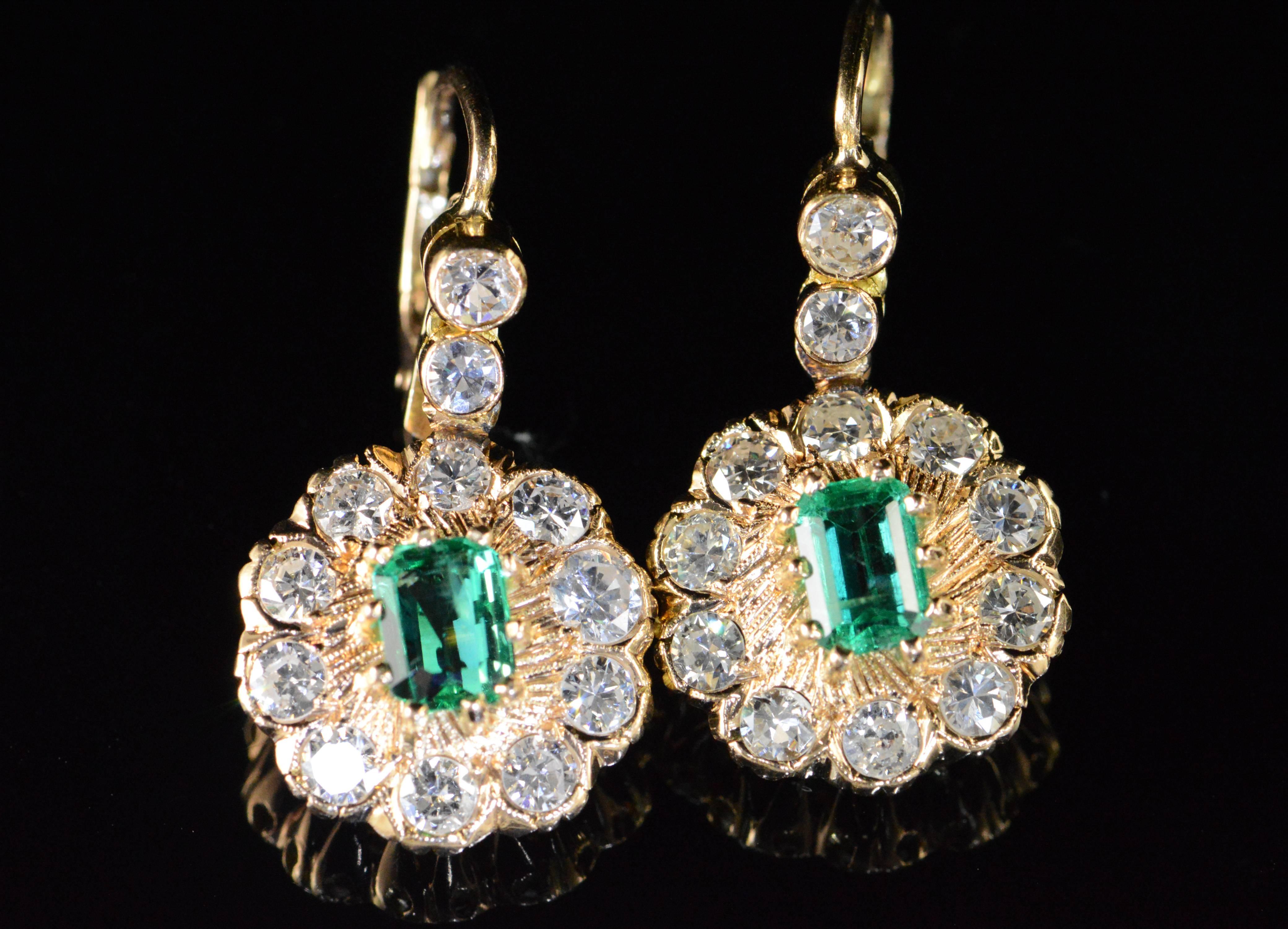  1.50 Carats Emeralds 2.80 Carats Old Mine Cut Diamonds Gold Earrings For Sale 3