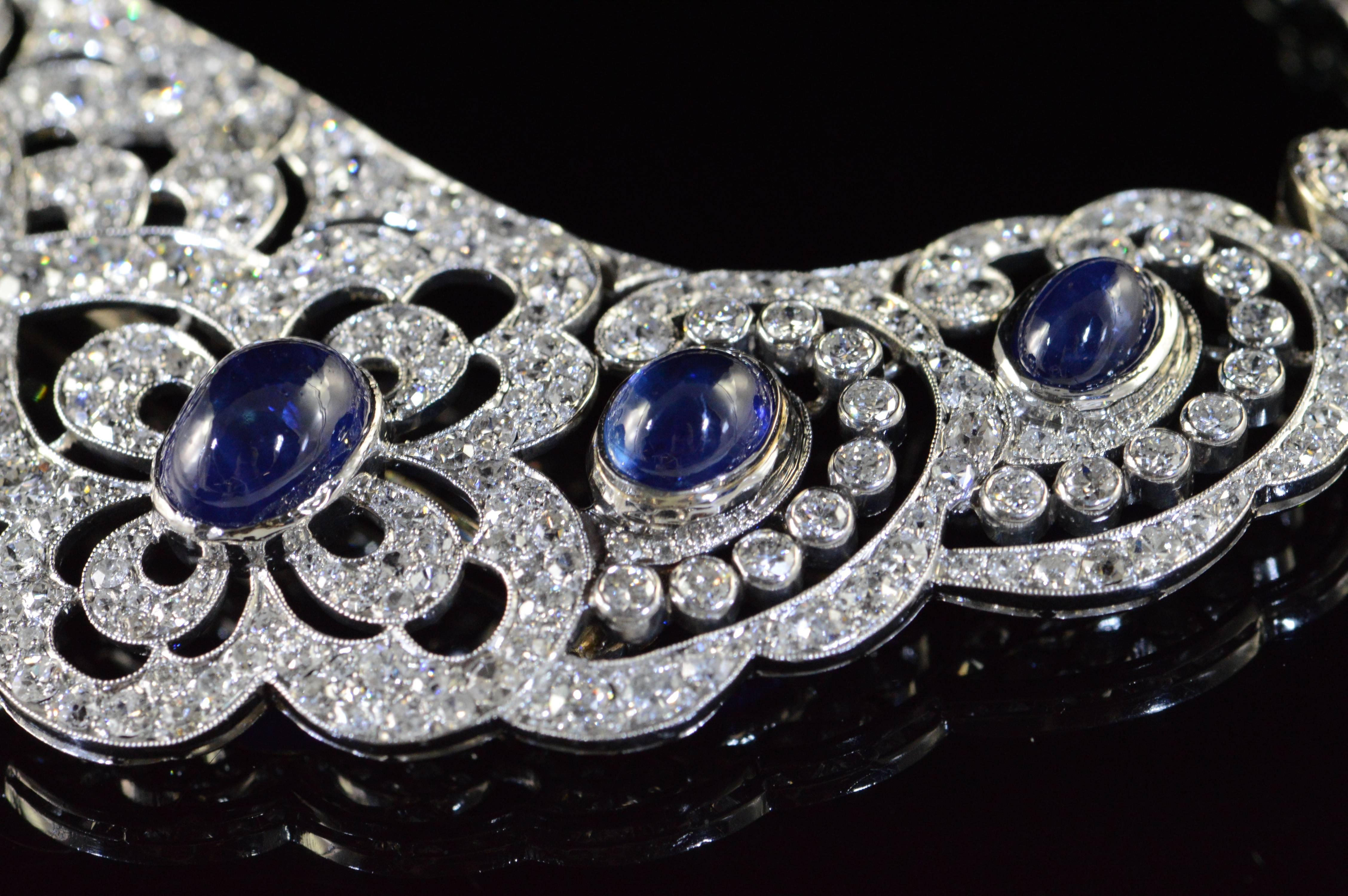 Art Deco 1920s Sapphire Diamond Bib Necklace For Sale