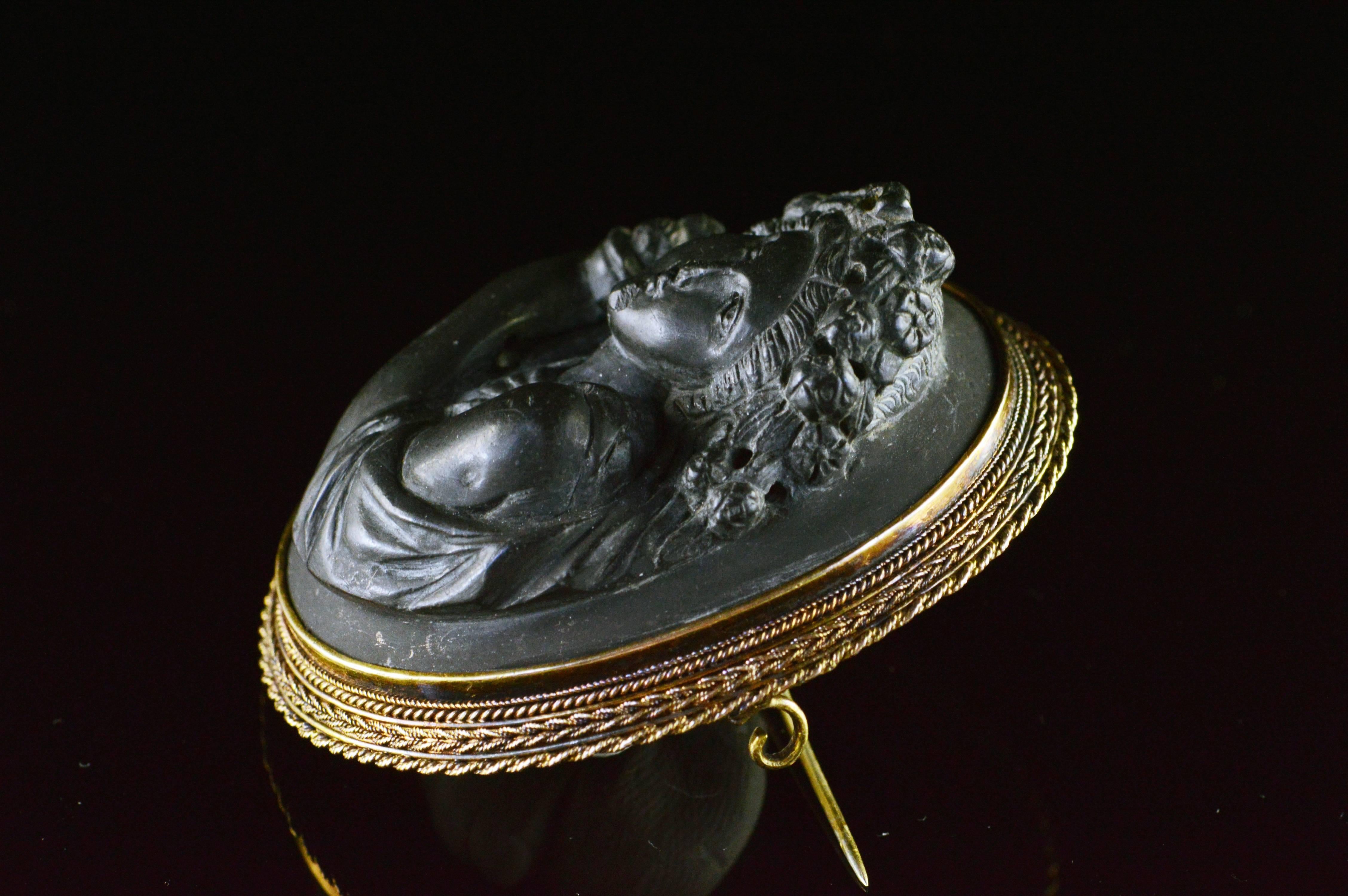 Women's Antique Lava Rock Carved Cameo Gold Brooch For Sale