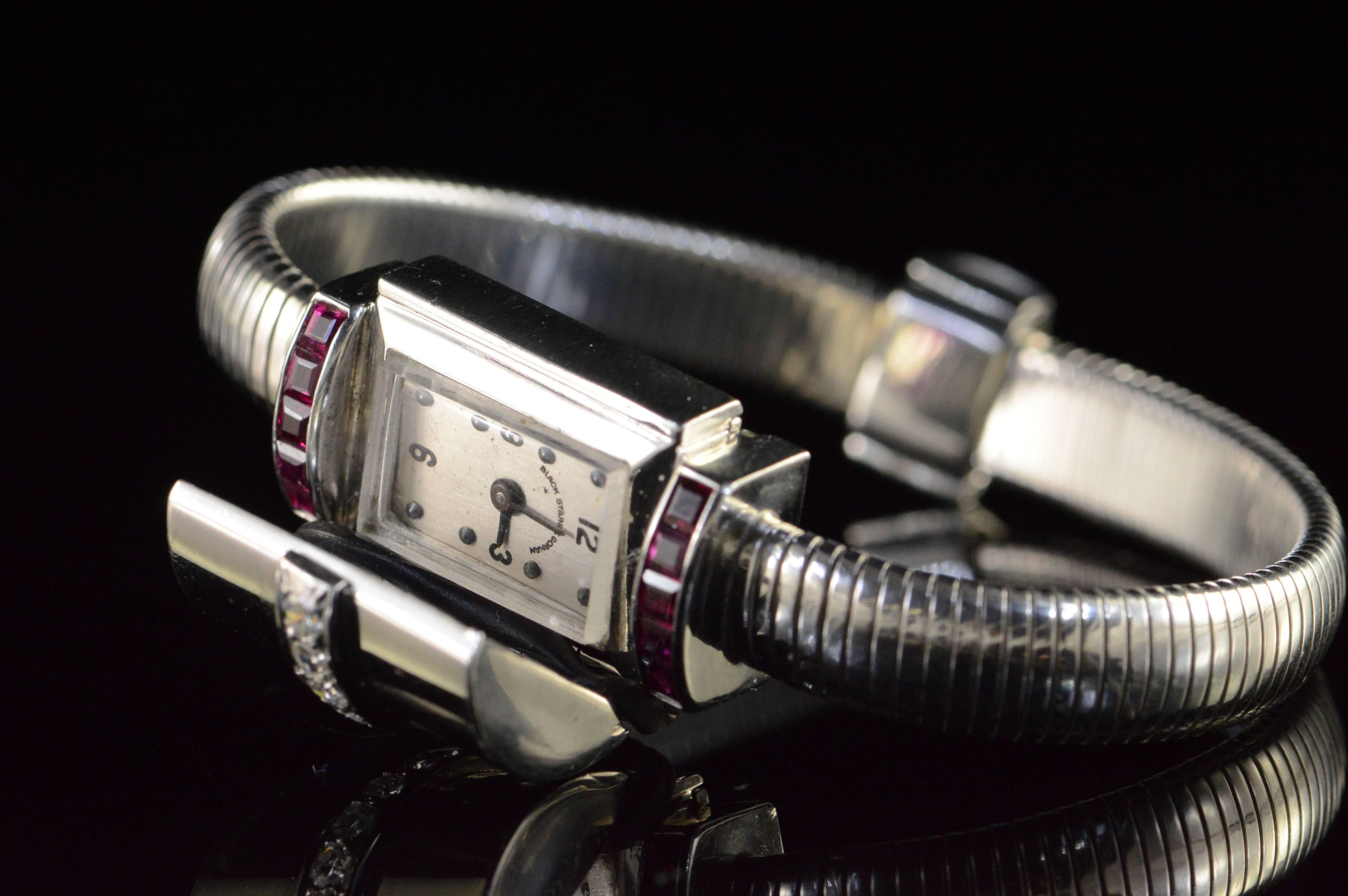 Art Deco Movado Black Starr & Gorham Ladies Platinum Diamond Ruby Wristwatch