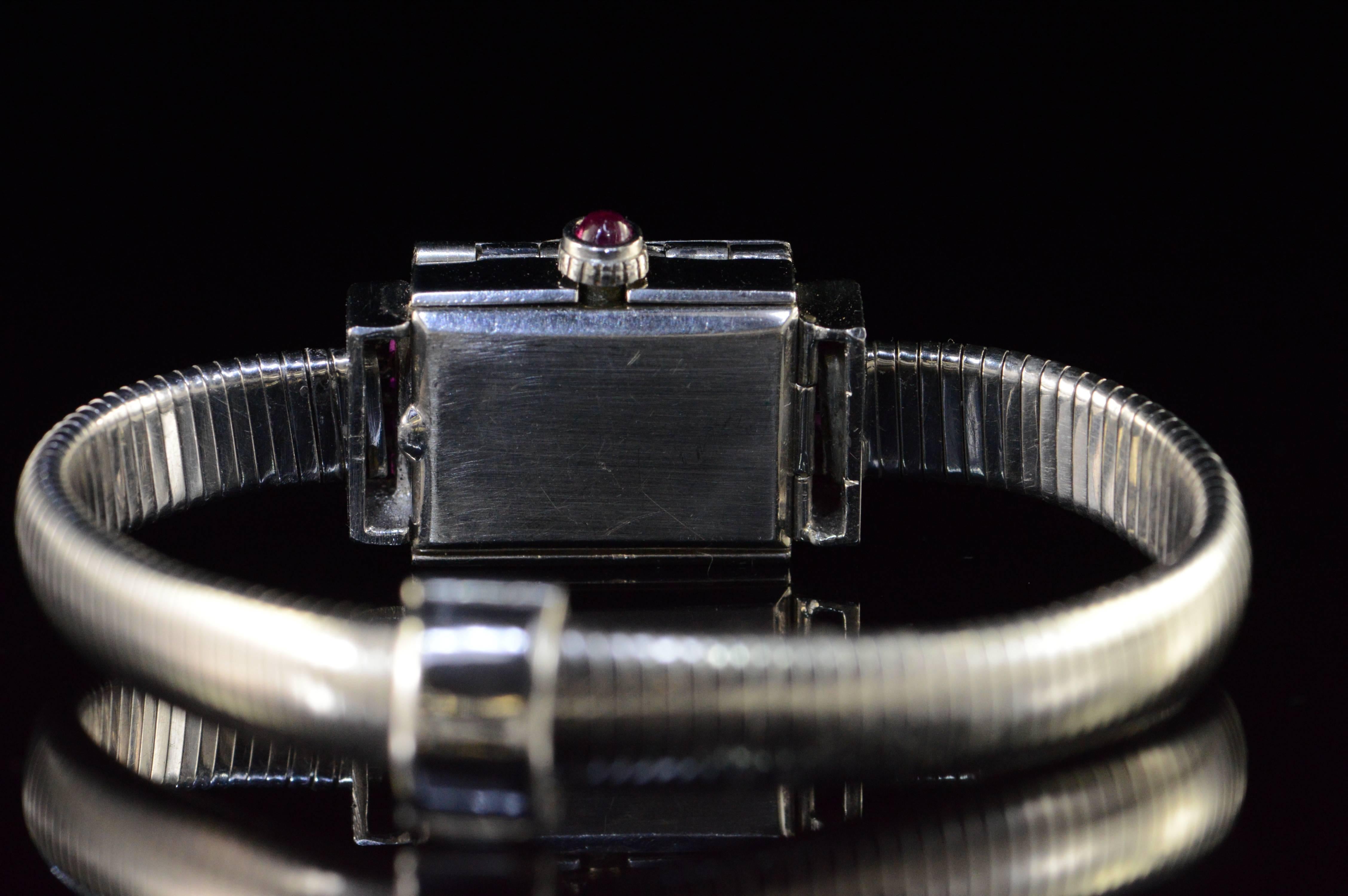 Movado Black Starr & Gorham Ladies Platinum Diamond Ruby Wristwatch 4