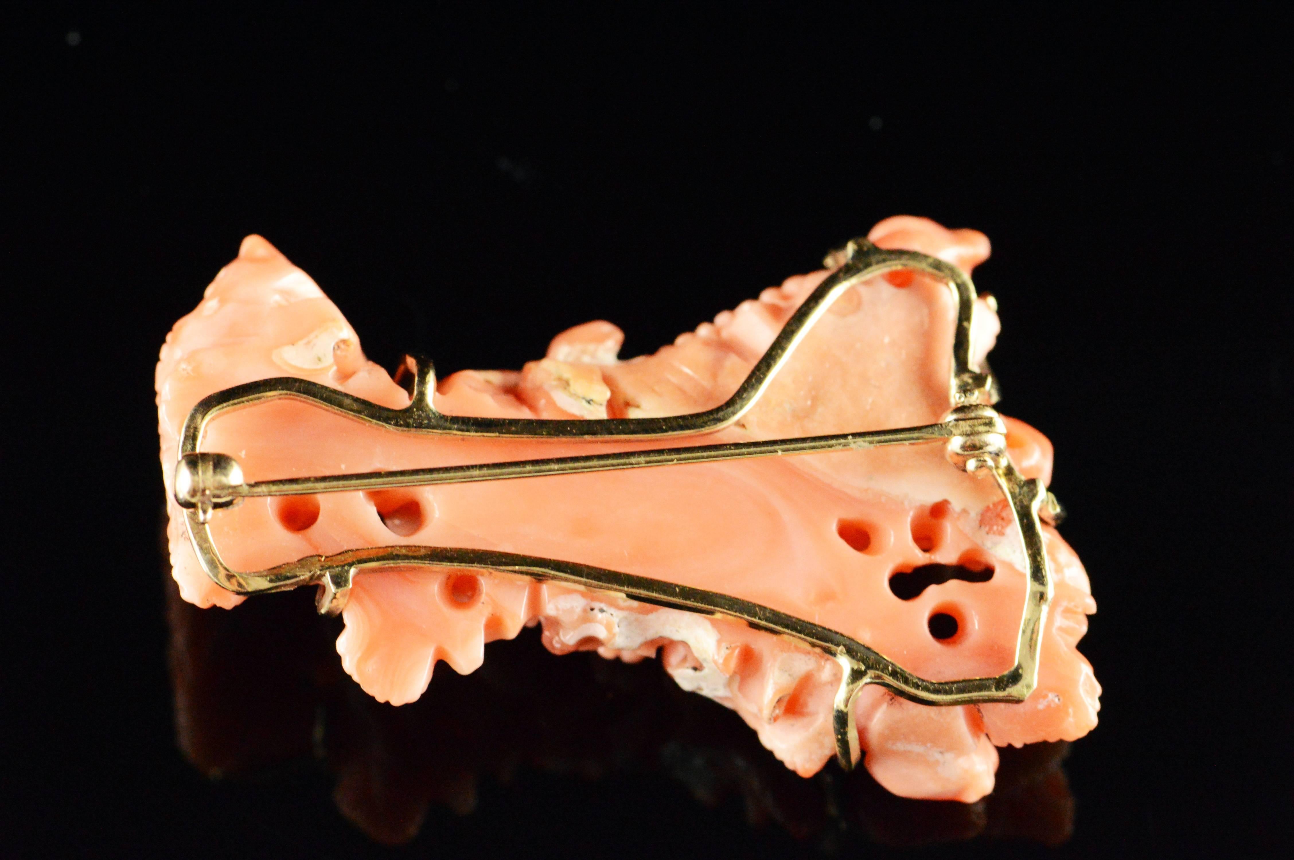 Carved Peach Coral Gold Birds and Flowers Brooch  For Sale 1