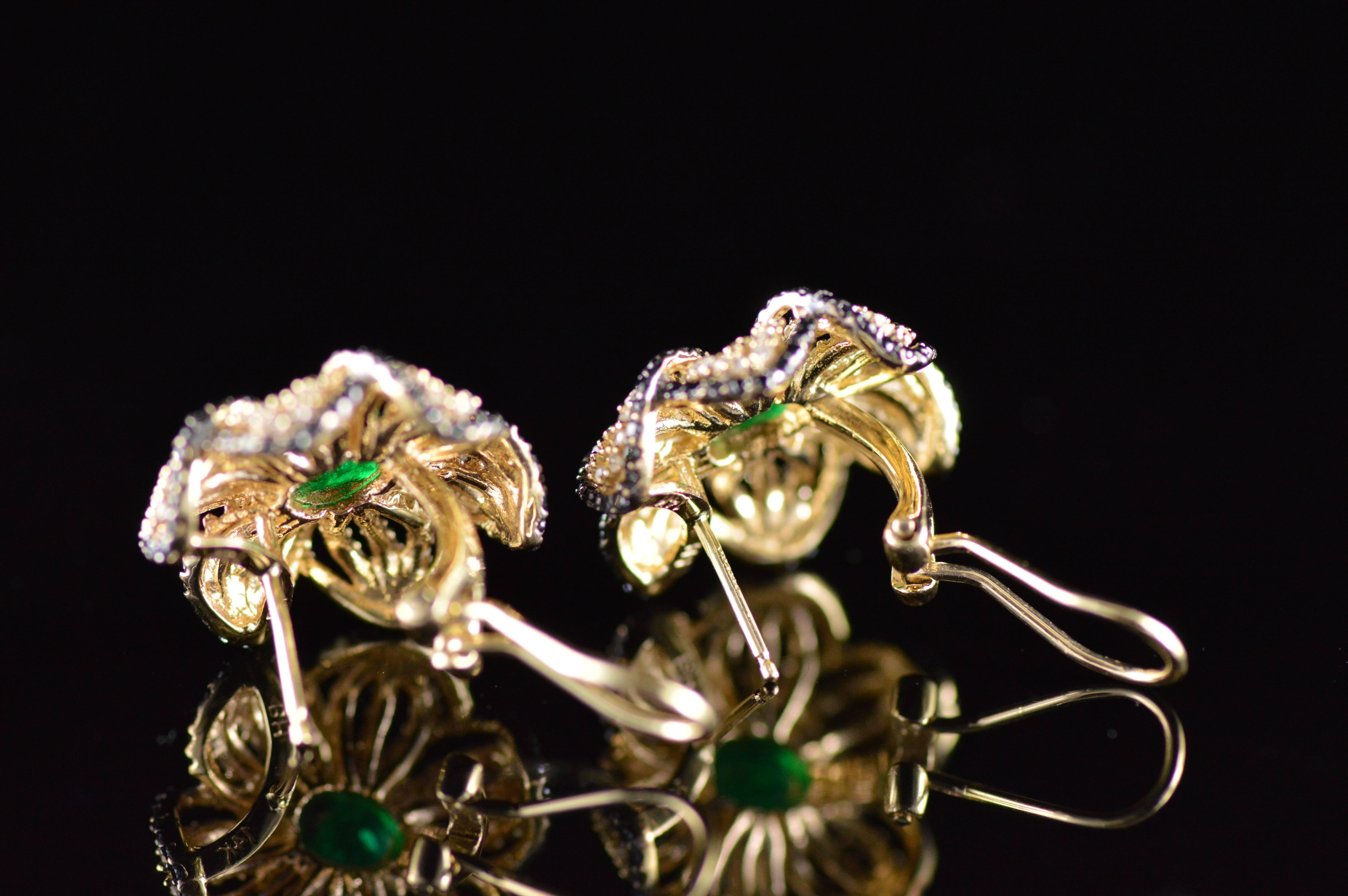 Emerald Black and White Diamond Gold Flower Earrings For Sale 5