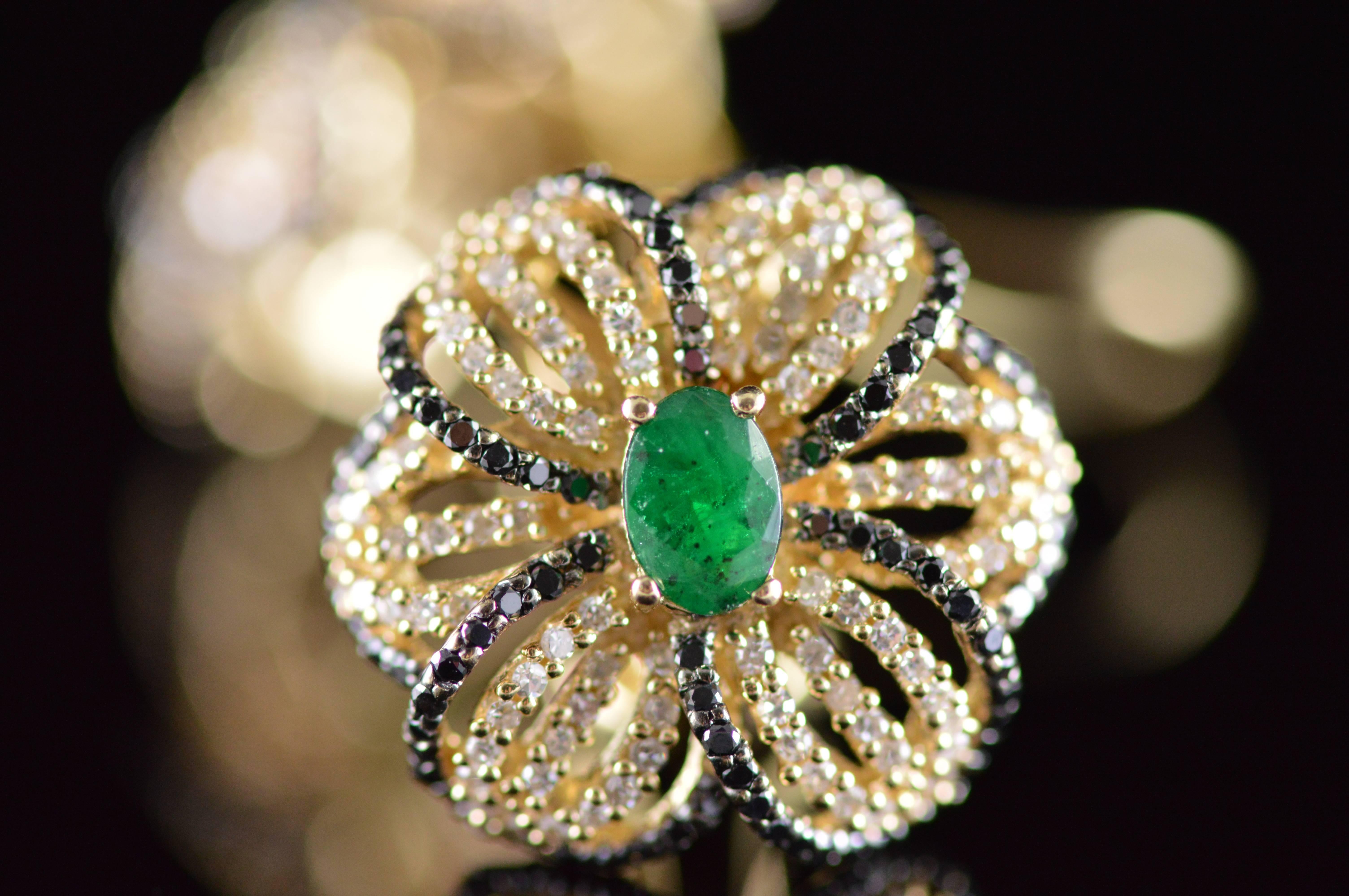 Emerald Black and White Diamond Gold Flower Earrings For Sale 1