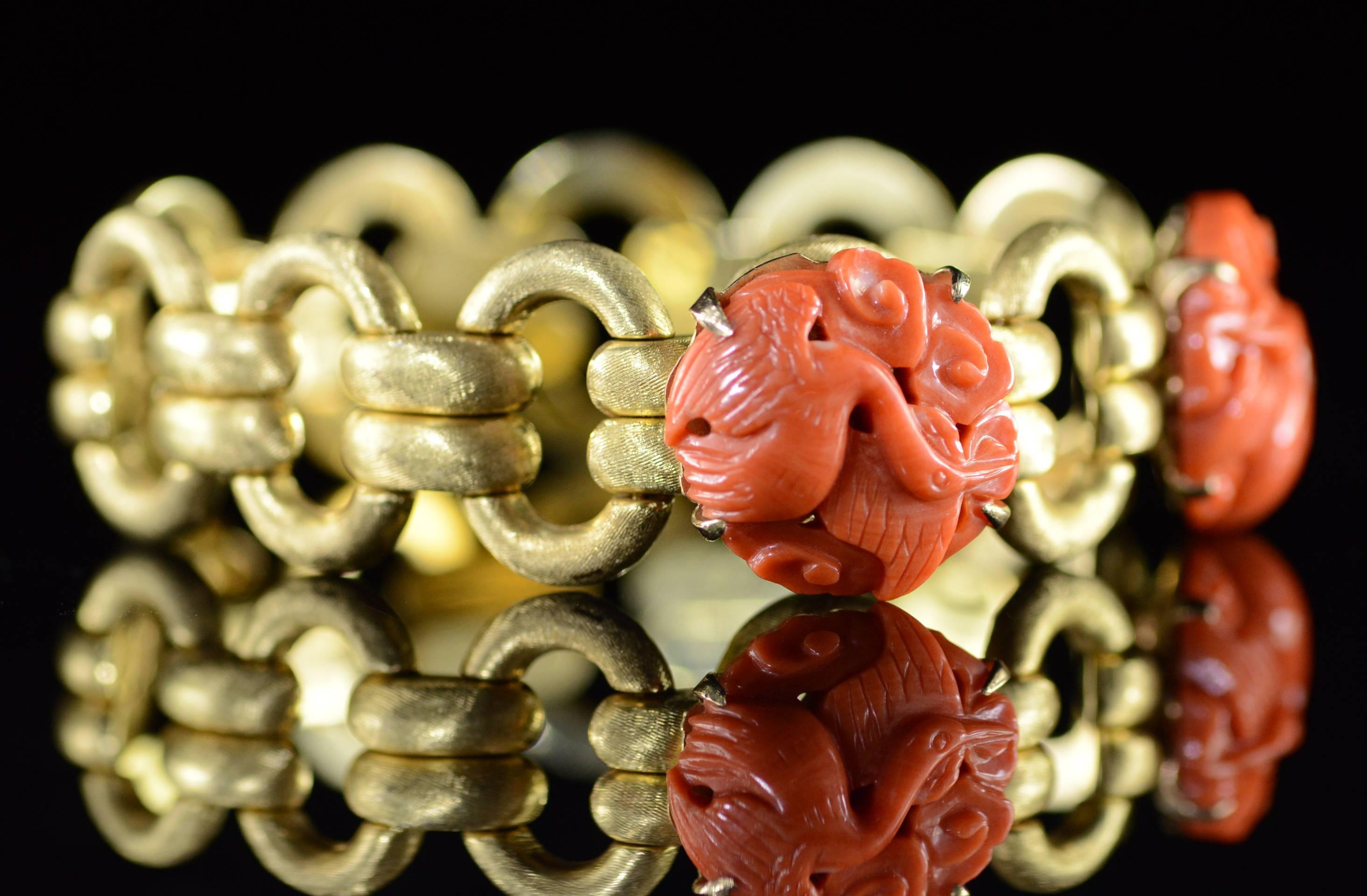  Carved Coral on Textured Heavy Gold Bracelet In Excellent Condition In Frederick, MD