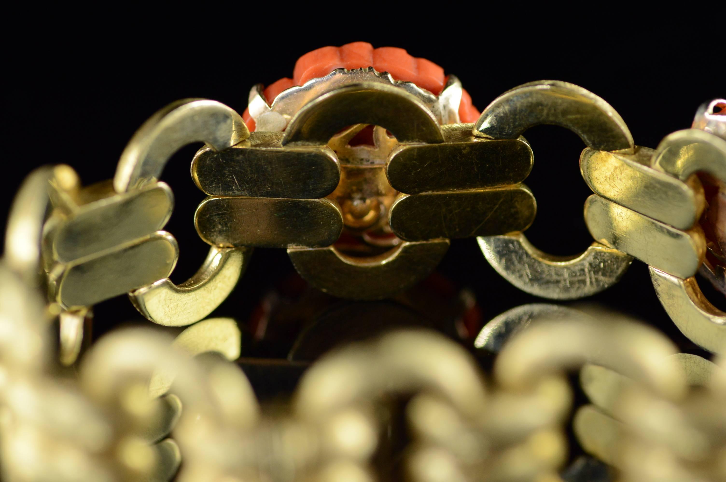  Carved Coral on Textured Heavy Gold Bracelet 5