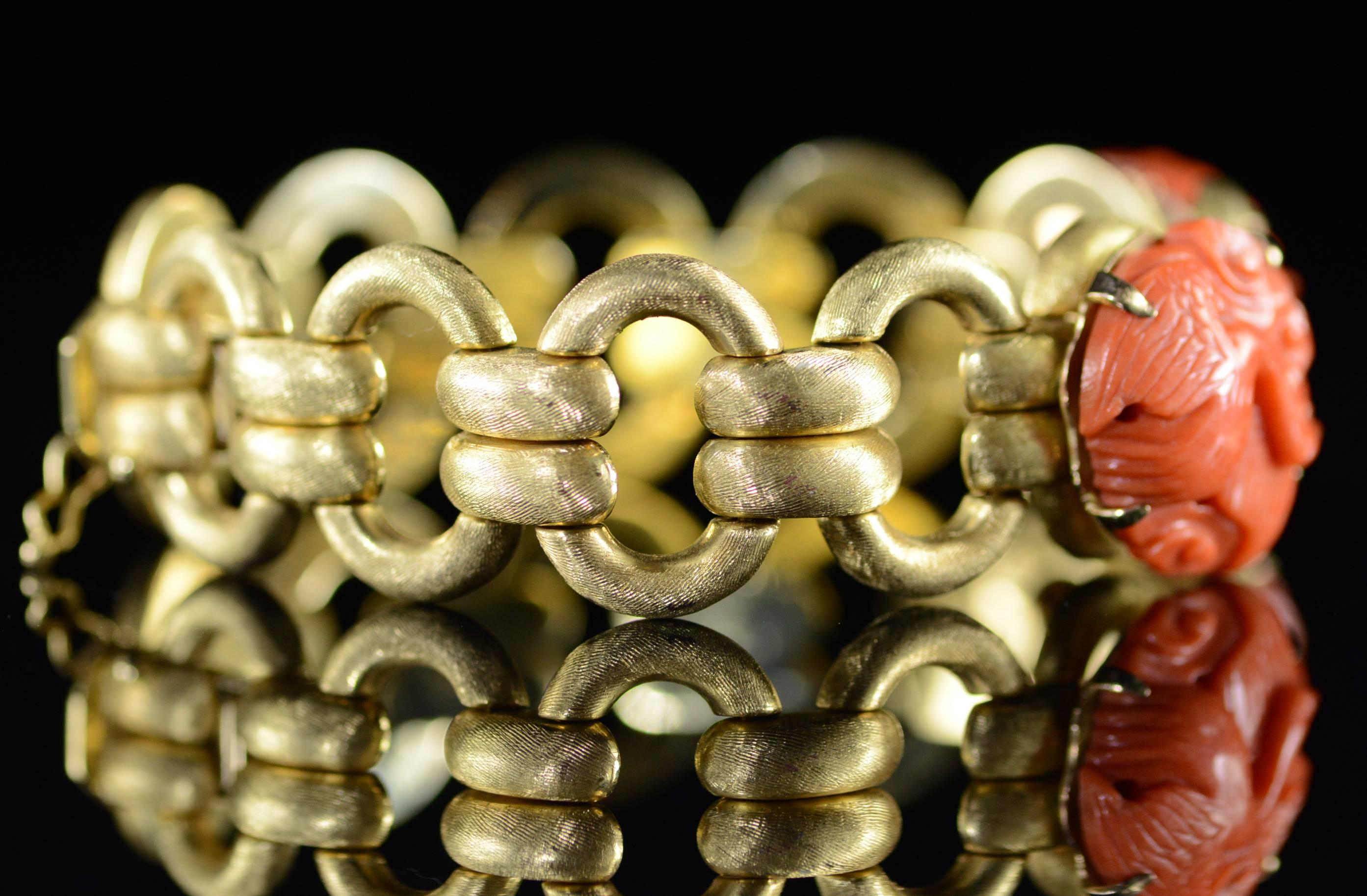  Carved Coral on Textured Heavy Gold Bracelet 2