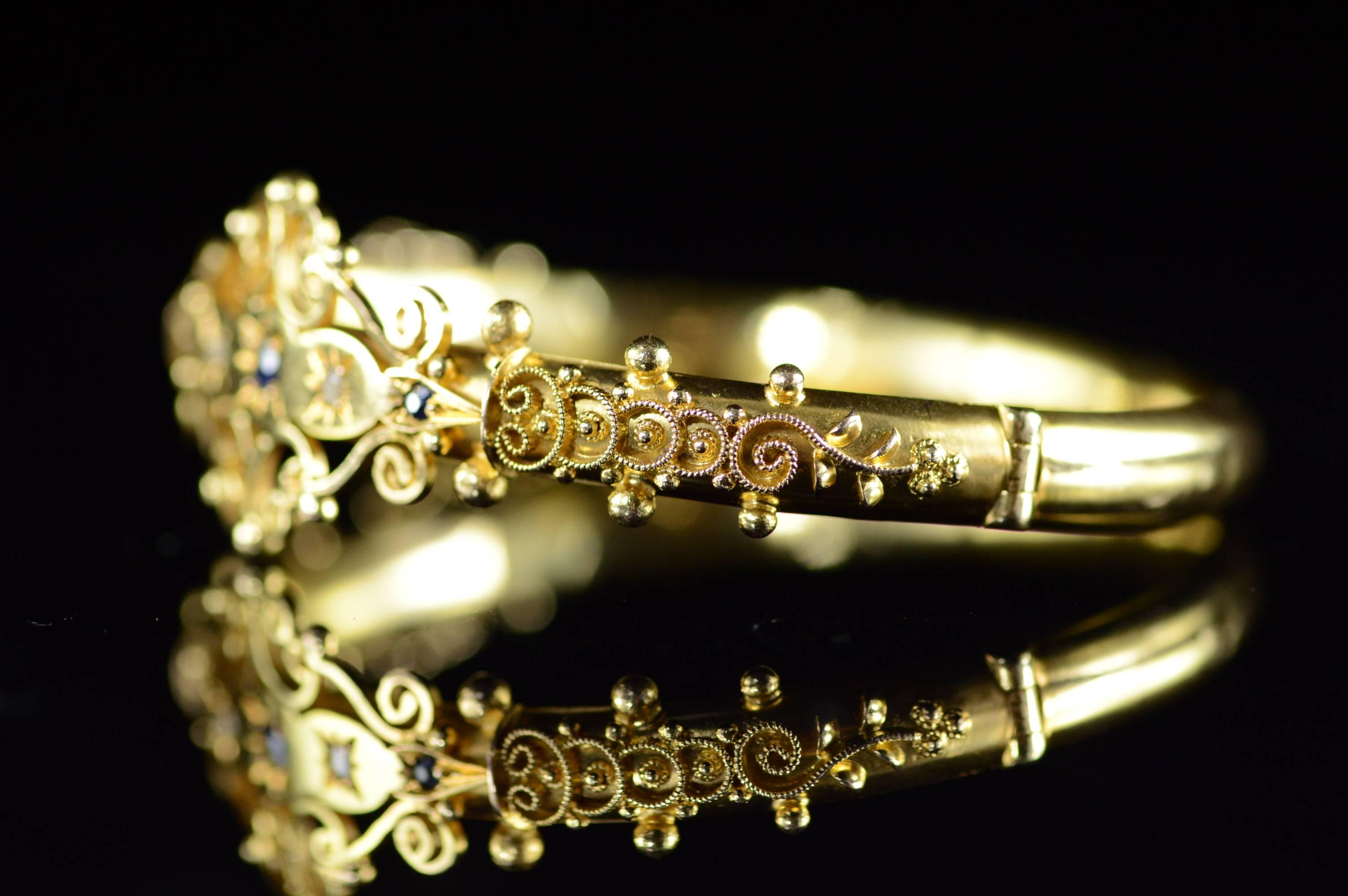 Late Victorian Victorian Sapphire Rose Cut Diamond Filigree Hinged Bangle Bracelet
