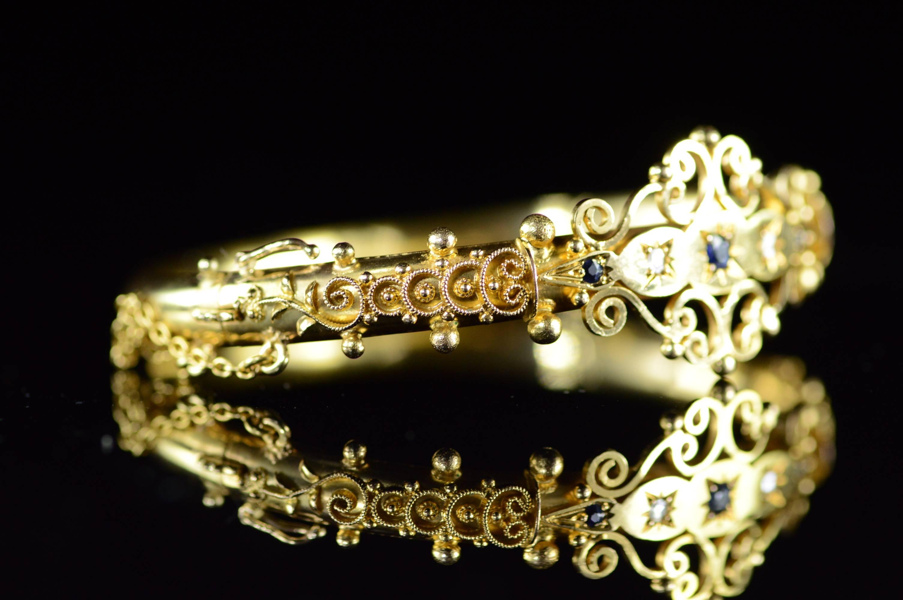 Victorian Sapphire Rose Cut Diamond Filigree Hinged Bangle Bracelet 3