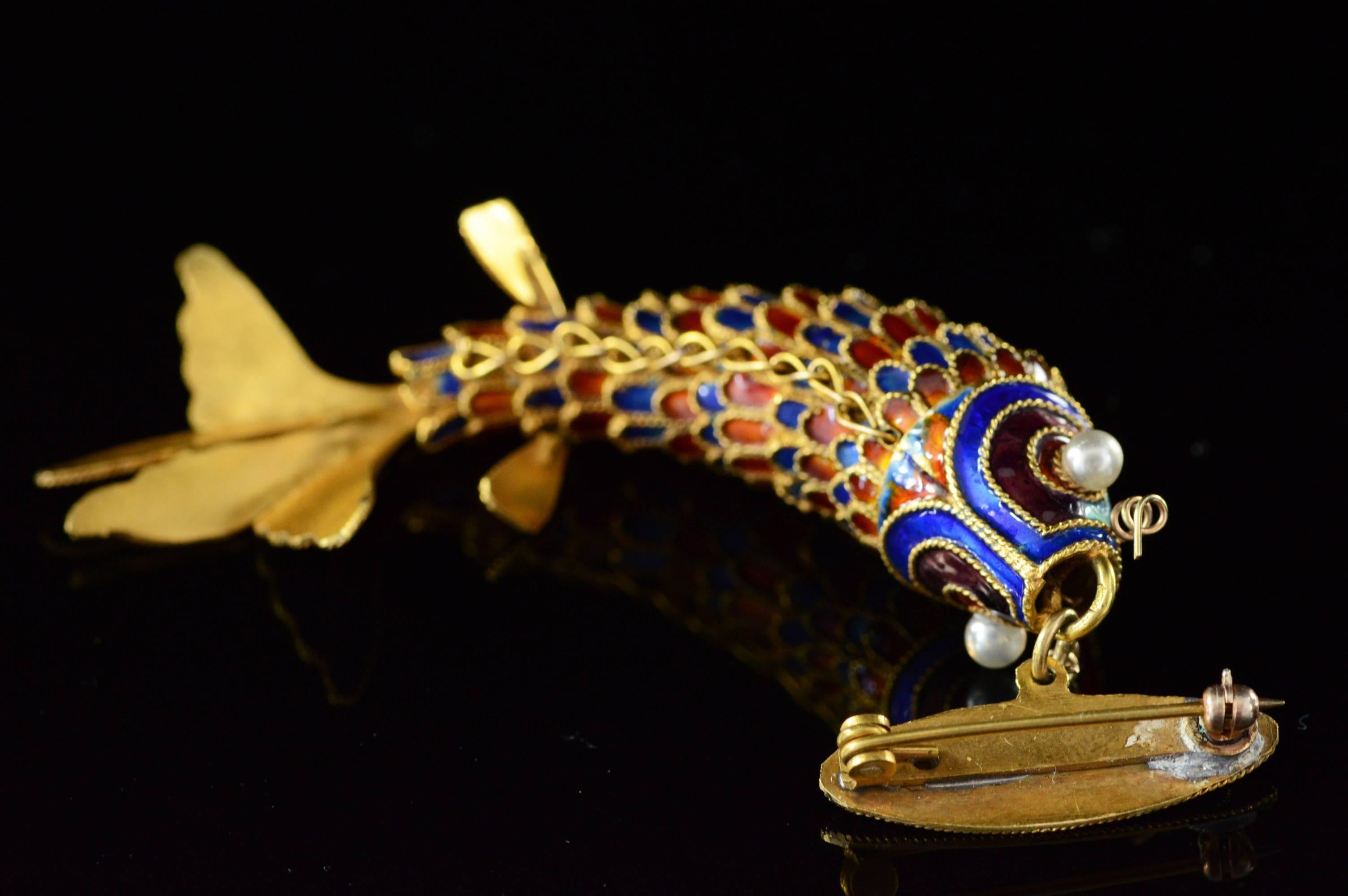 Victorian Era Chinese Red and Blue Enamel Gold Articulated Fish Pin 2