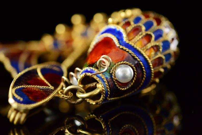 Victorian Era Chinese Red and Blue Enamel Gold Articulated Fish Pin at