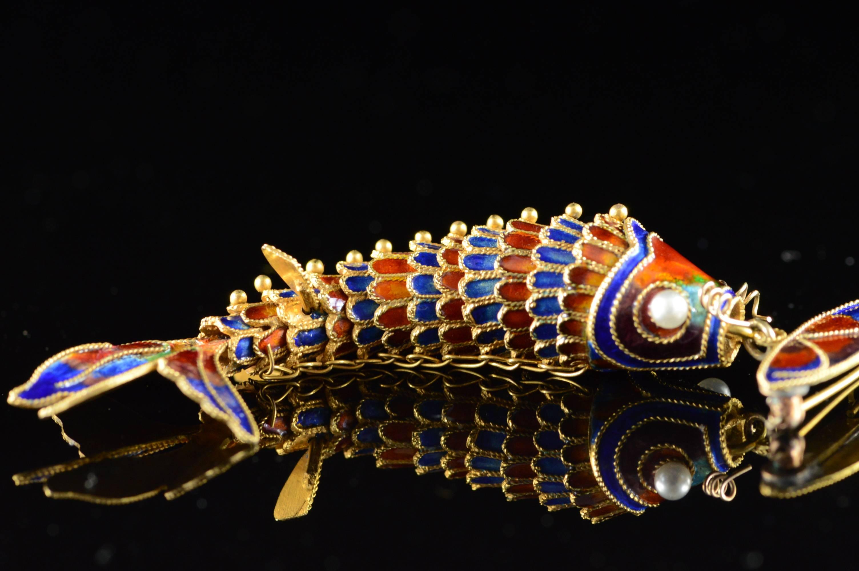 Victorian Era Chinese Red and Blue Enamel Gold Articulated Fish Pin 4