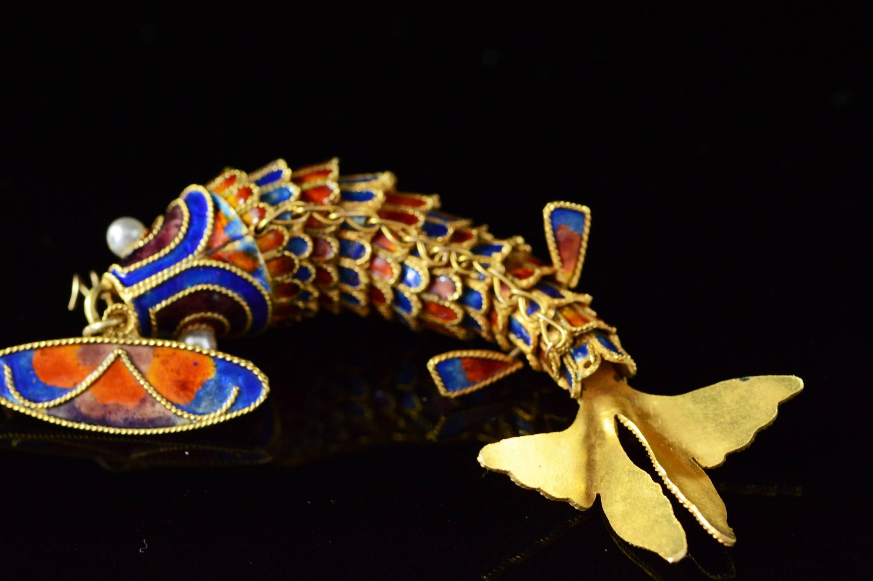 Victorian Era Chinese Red and Blue Enamel Gold Articulated Fish Pin 1