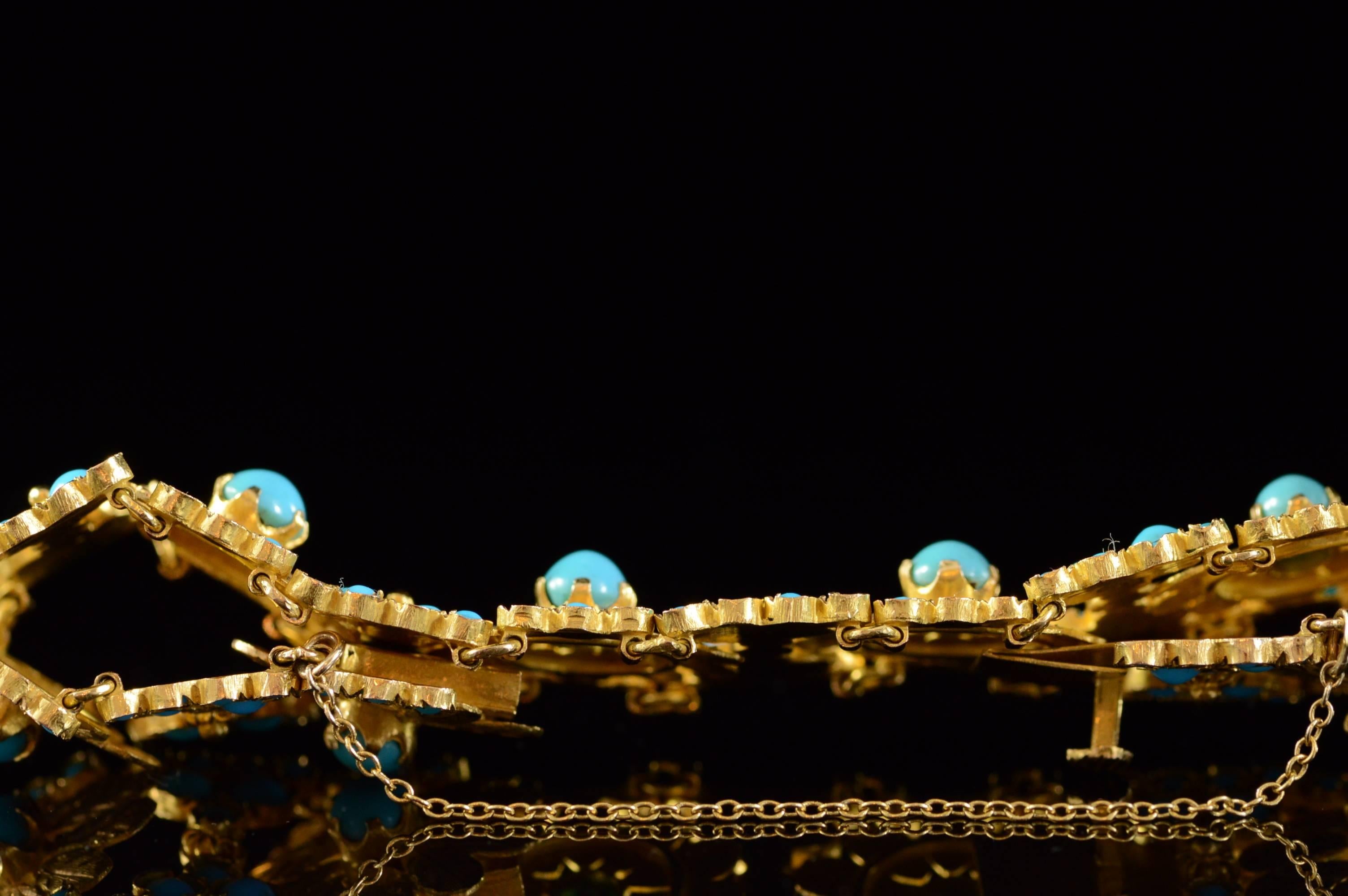 Persian Turquoise Encrusted Gold Flower Link Bracelet  1