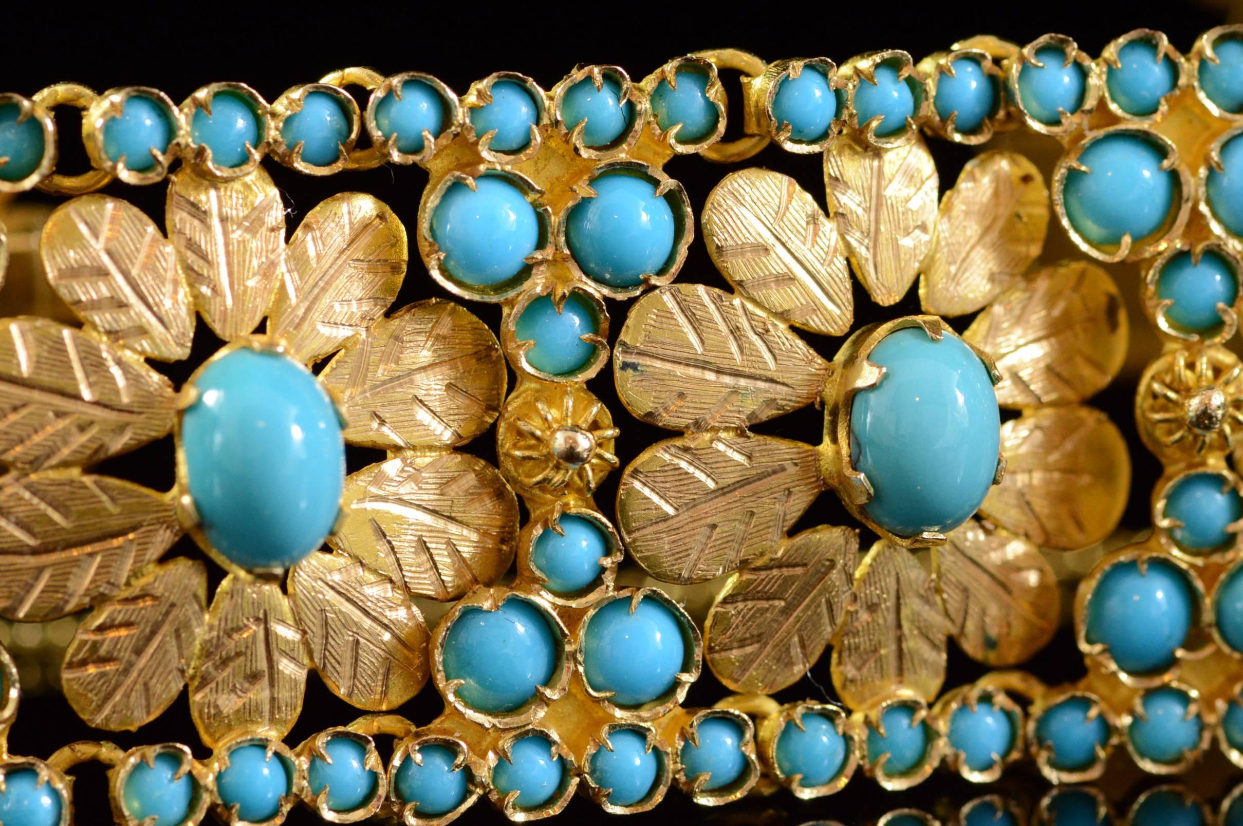 Women's Persian Turquoise Encrusted Gold Flower Link Bracelet 