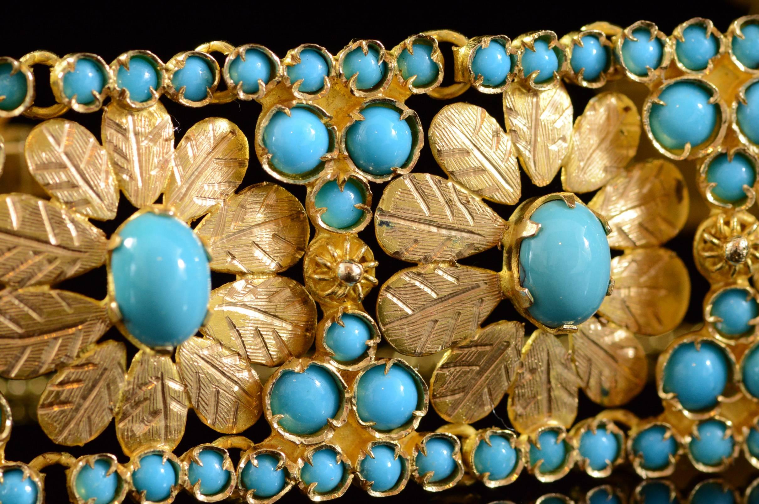 Women's Persian Turquoise Encrusted Gold Flower Link Bracelet