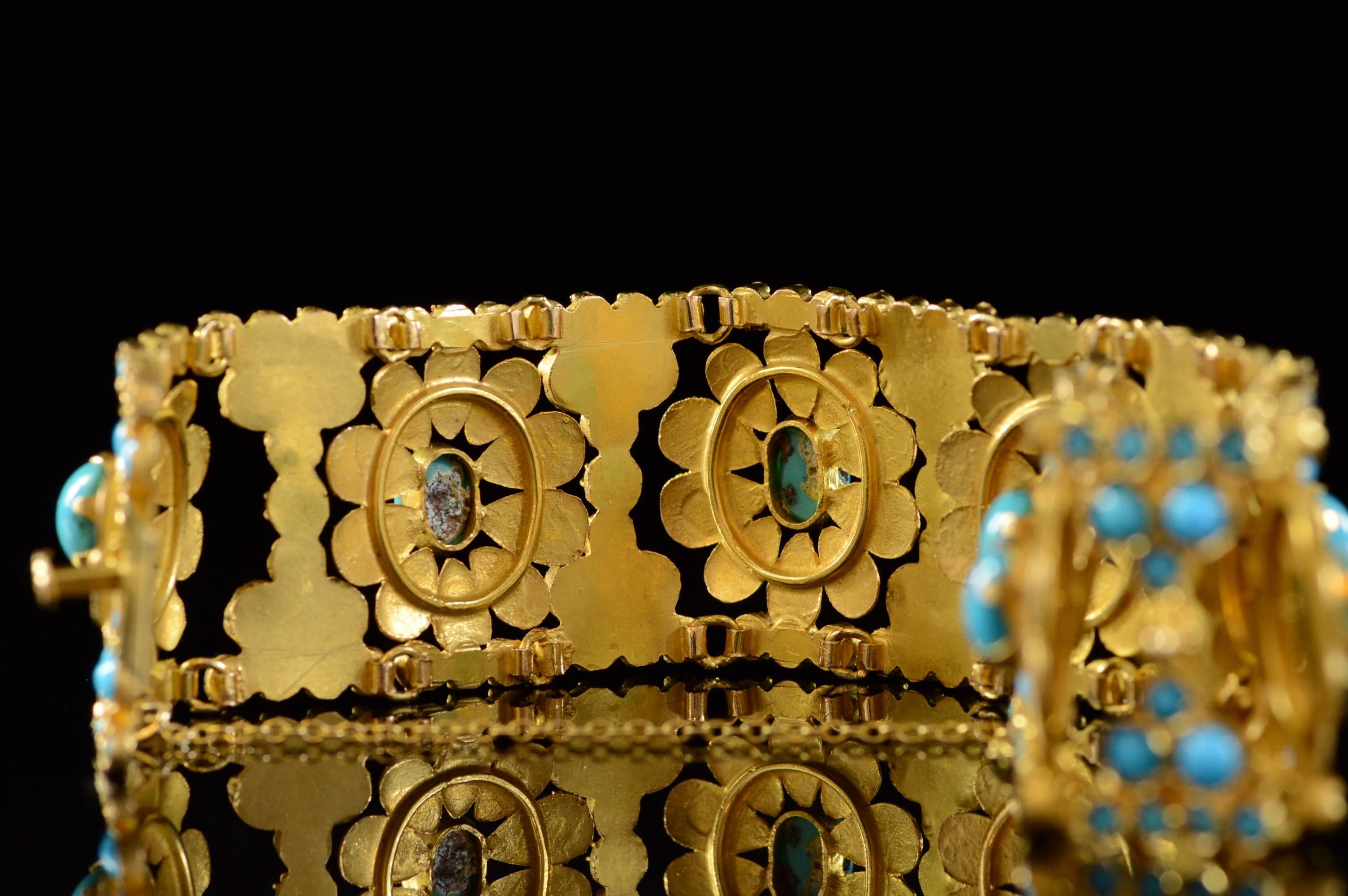 Persian Turquoise Encrusted Gold Flower Link Bracelet  In Excellent Condition In Frederick, MD