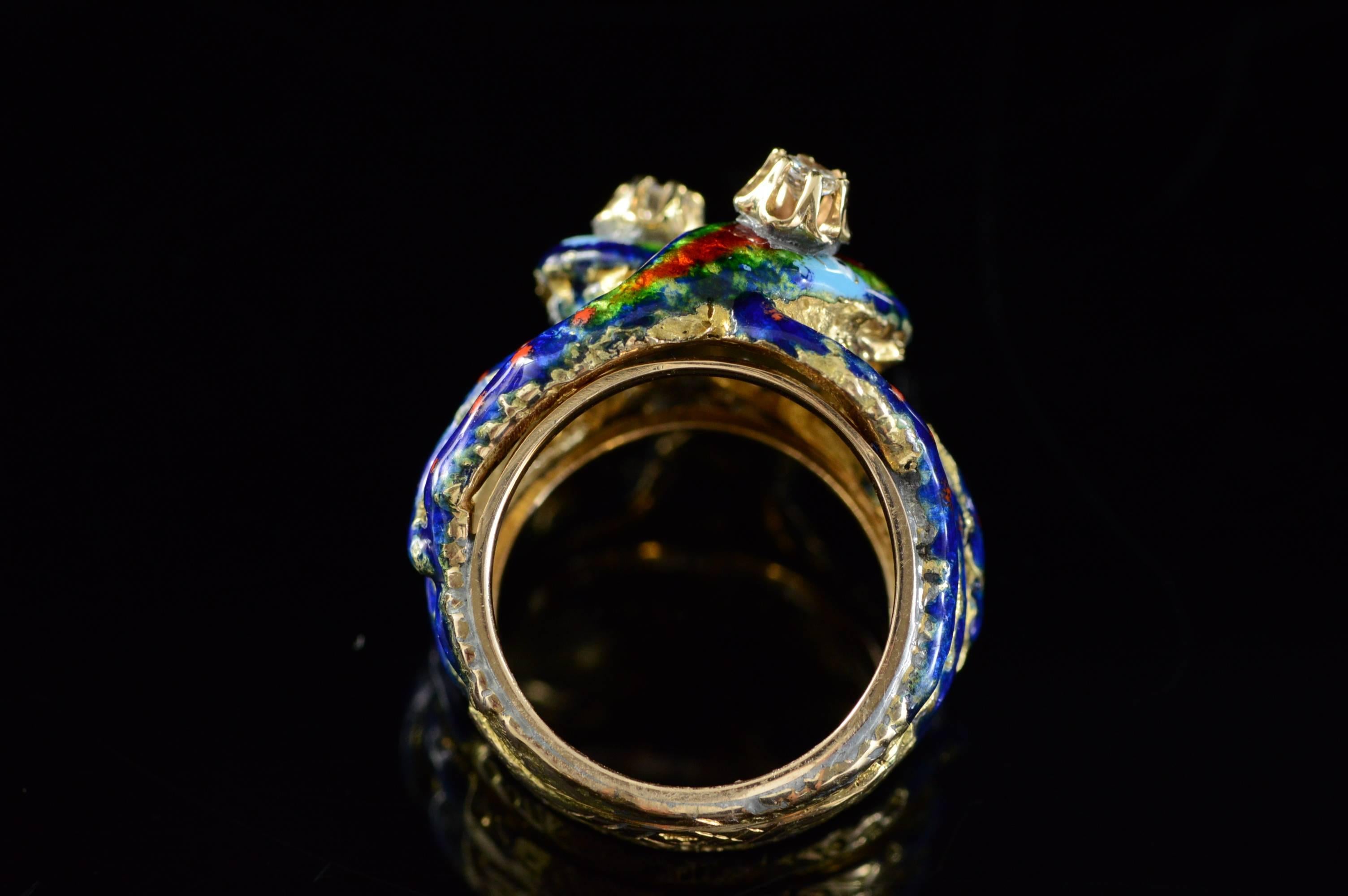 Abstract Enamel Diamond Gold Snake Ring  3