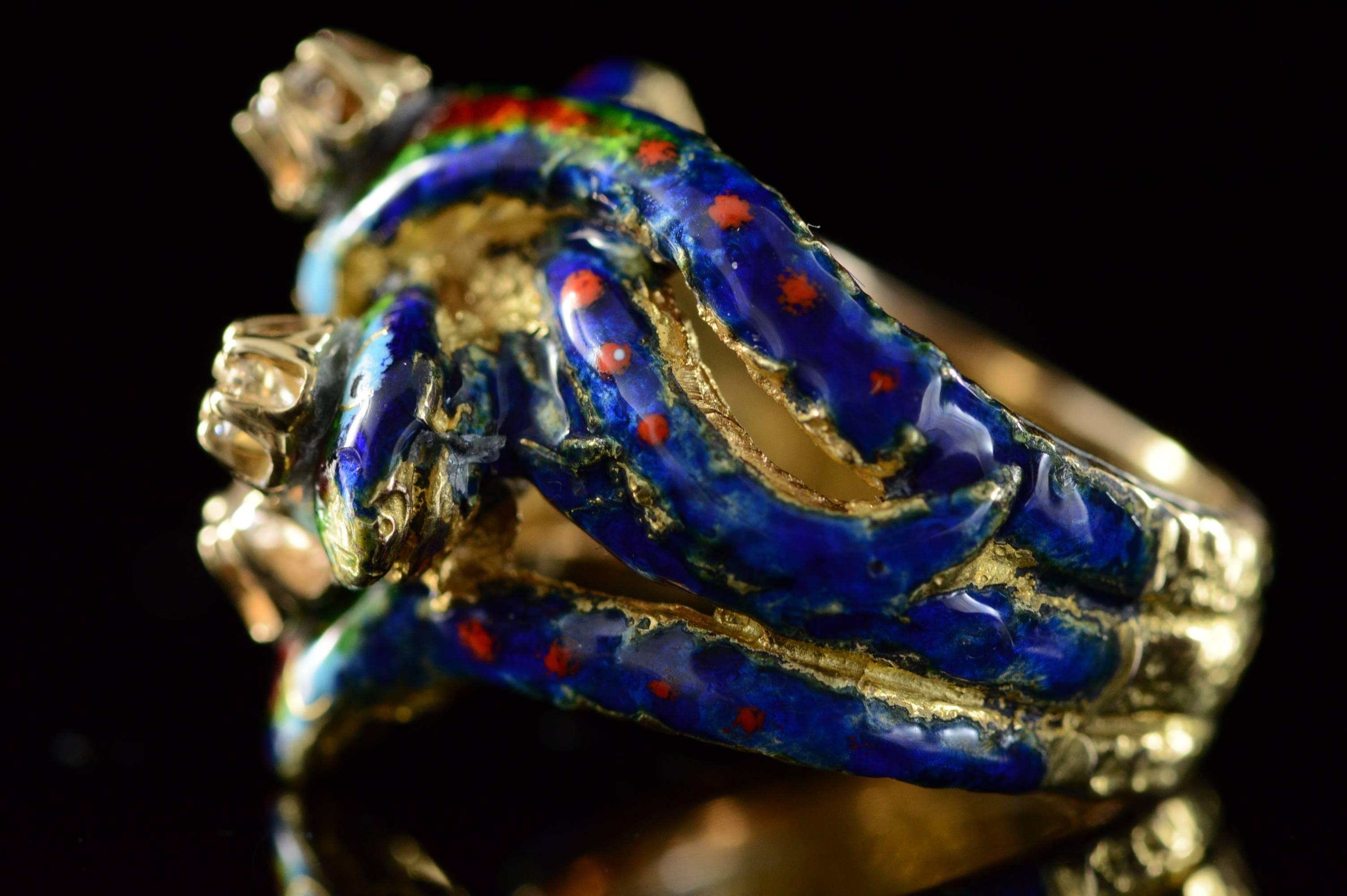 Abstract Enamel Diamond Gold Snake Ring  1