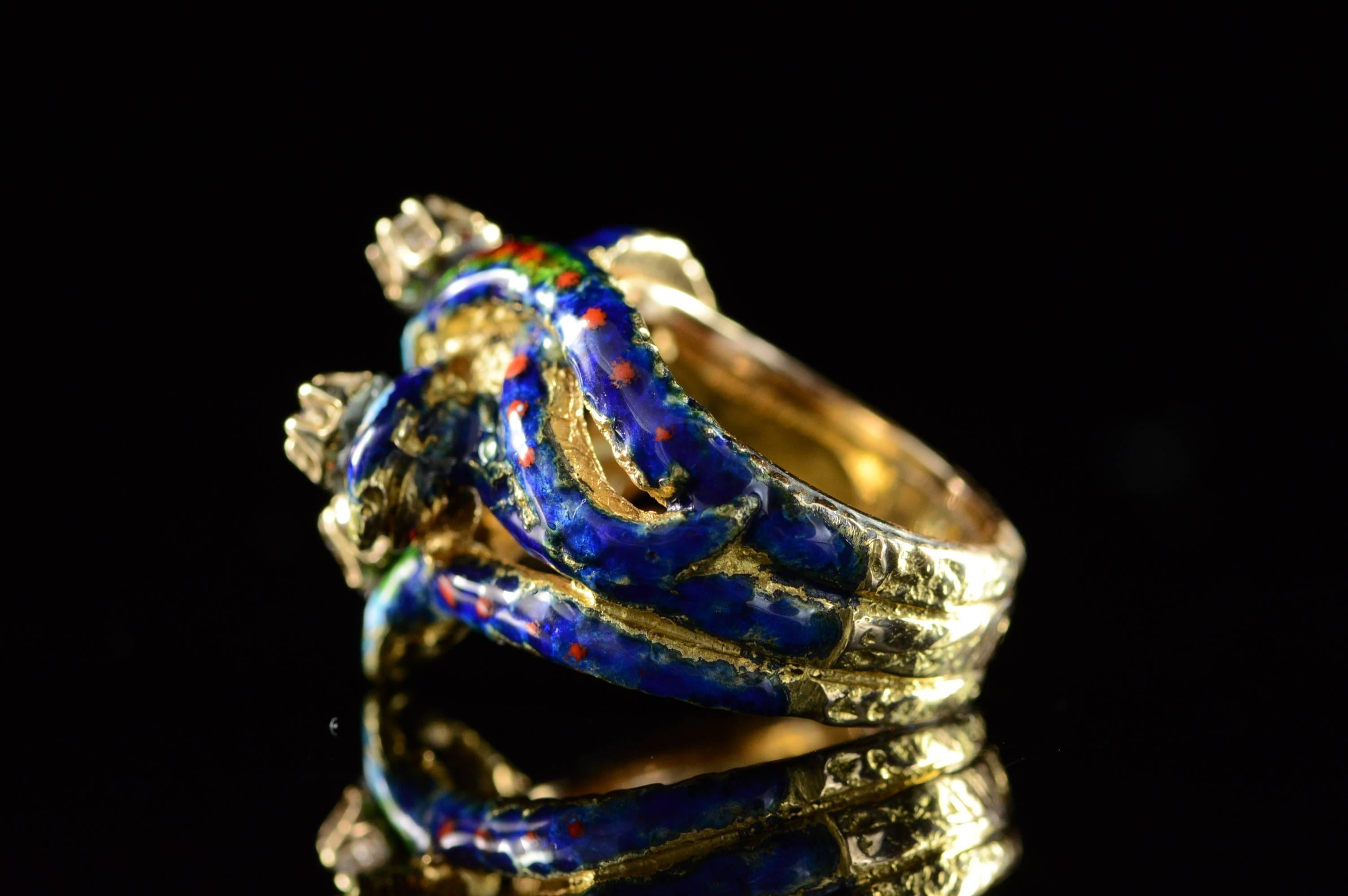 Abstract Enamel Diamond Gold Snake Ring  In Excellent Condition In Frederick, MD