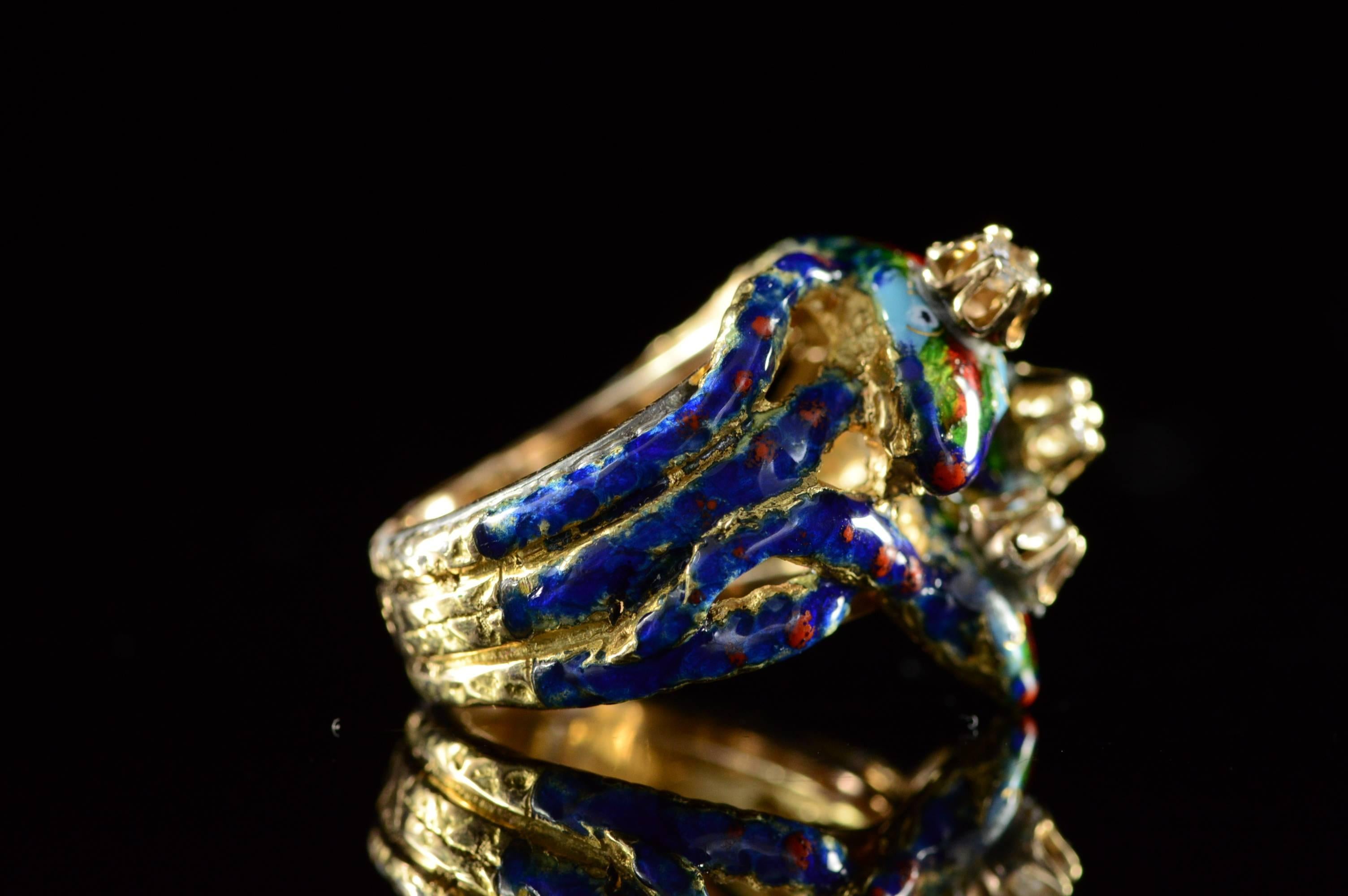 Post-War Abstract Enamel Diamond Gold Snake Ring 