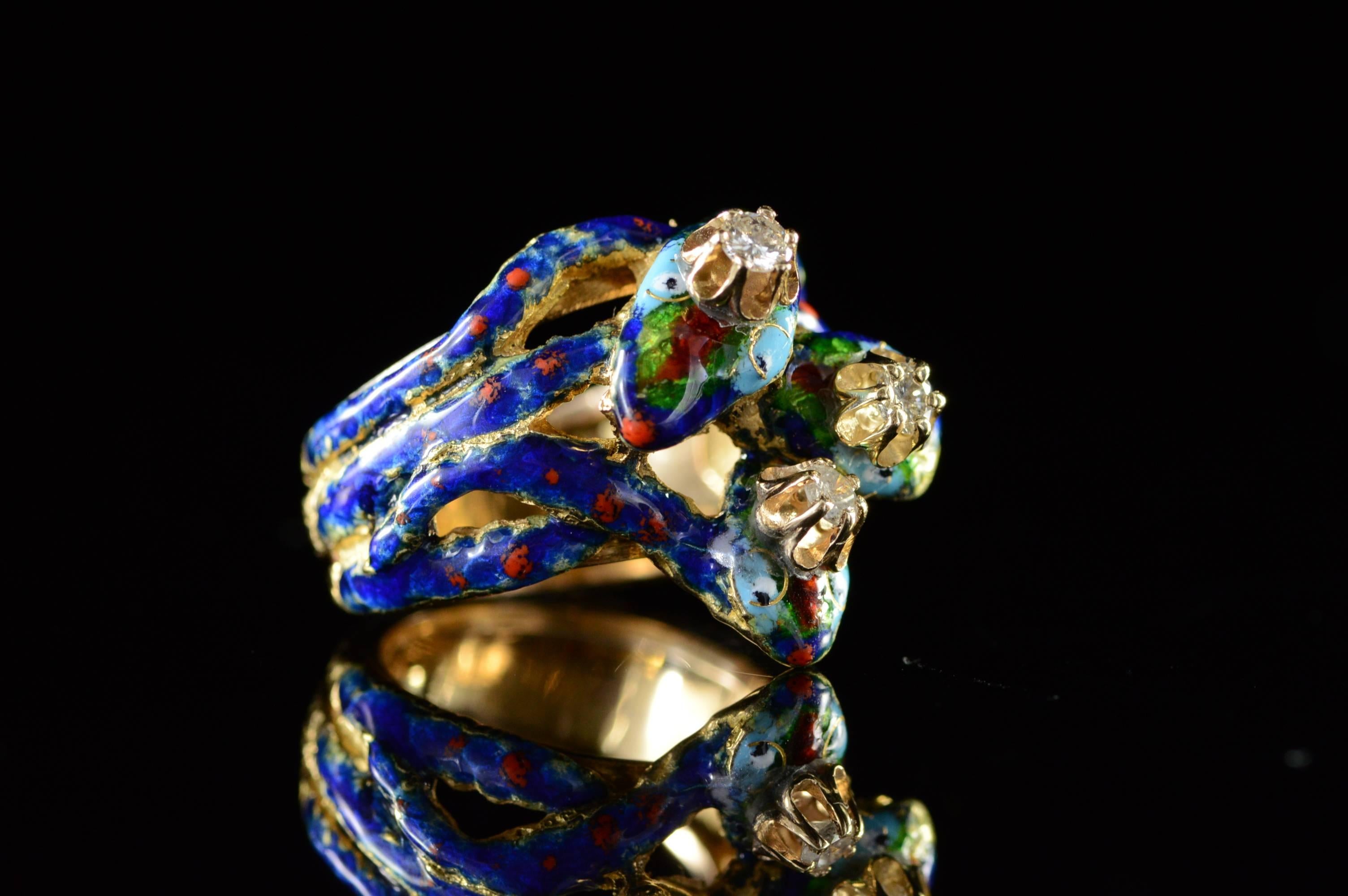 Abstract Enamel Diamond Gold Snake Ring  4