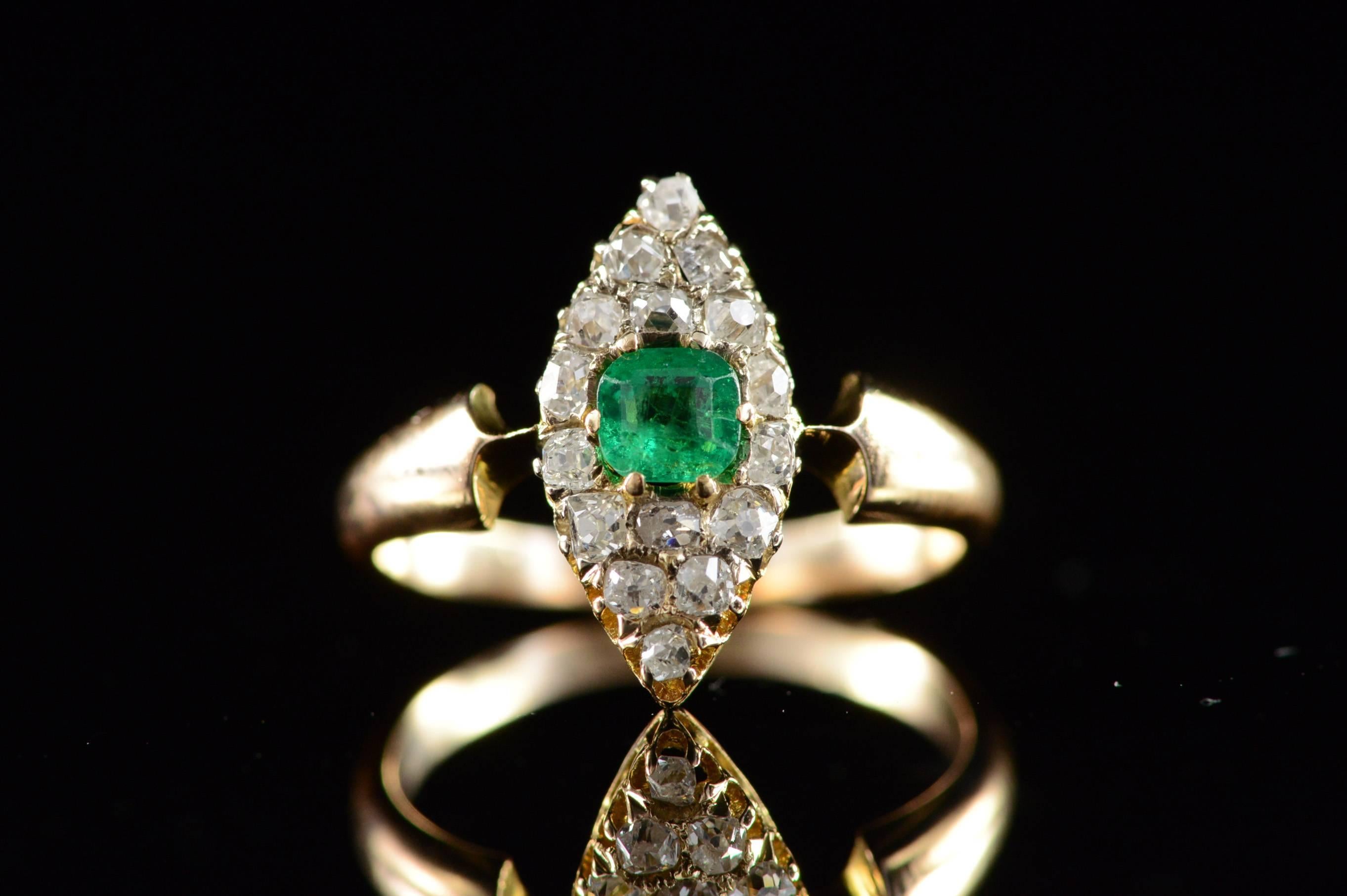 All diamonds are graded according to GIA grading standards.

·Item: 18K 0.50 CTW Emerald Diamond Old Mine Cut Vintage Ring Size 5 Yellow Gold

·Composition: 18k Gold Acid Tested

·Gem Stone: 0.25ct Emerald, 16x Mine Cut Diamonds=0.50ctw