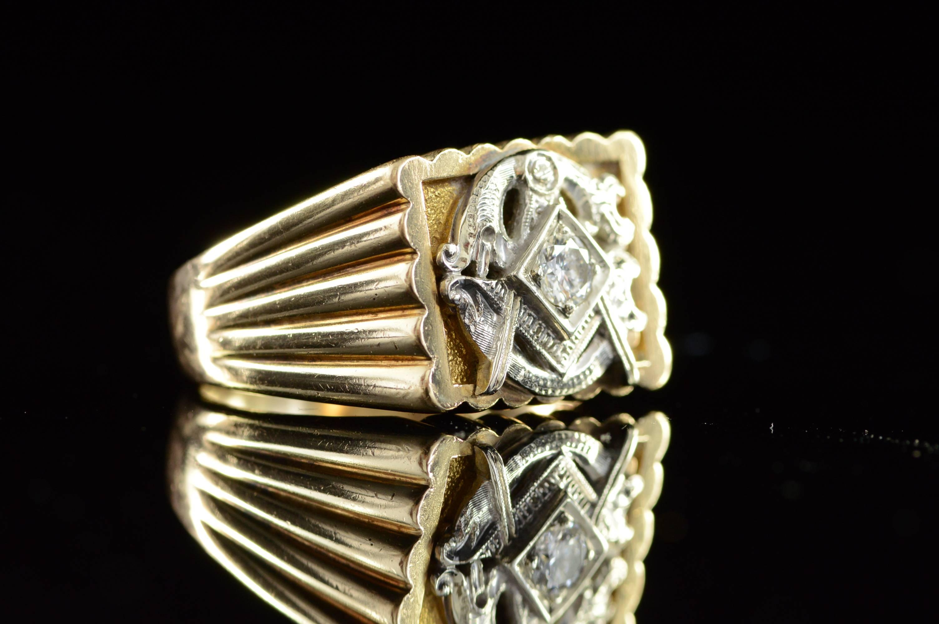 Men's 1920s Diamond Gold Masonic Fraternal Order Ring