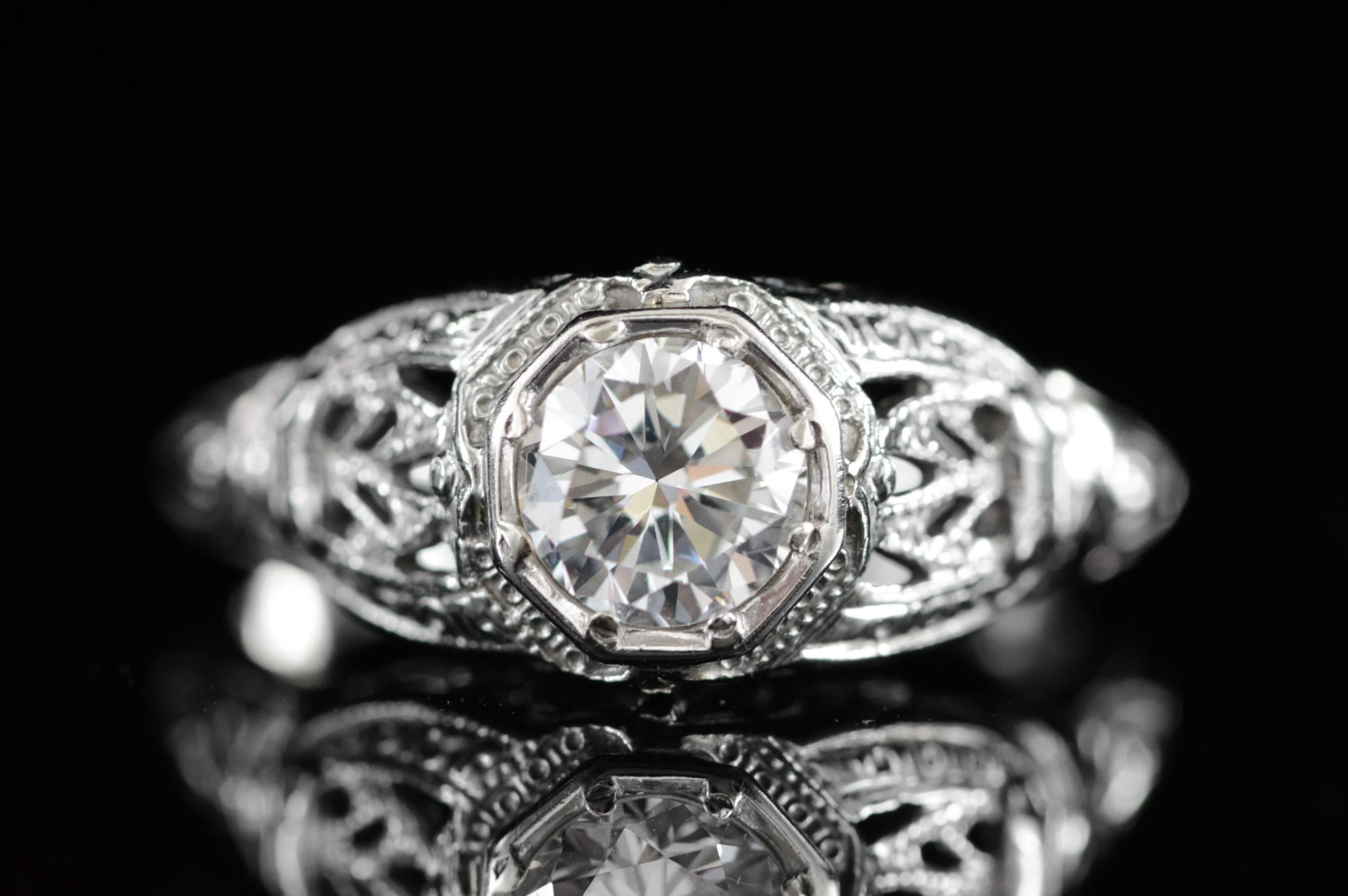 1920s Diamond Gold Filigree Solitaire Engagement Ring In Excellent Condition In Frederick, MD
