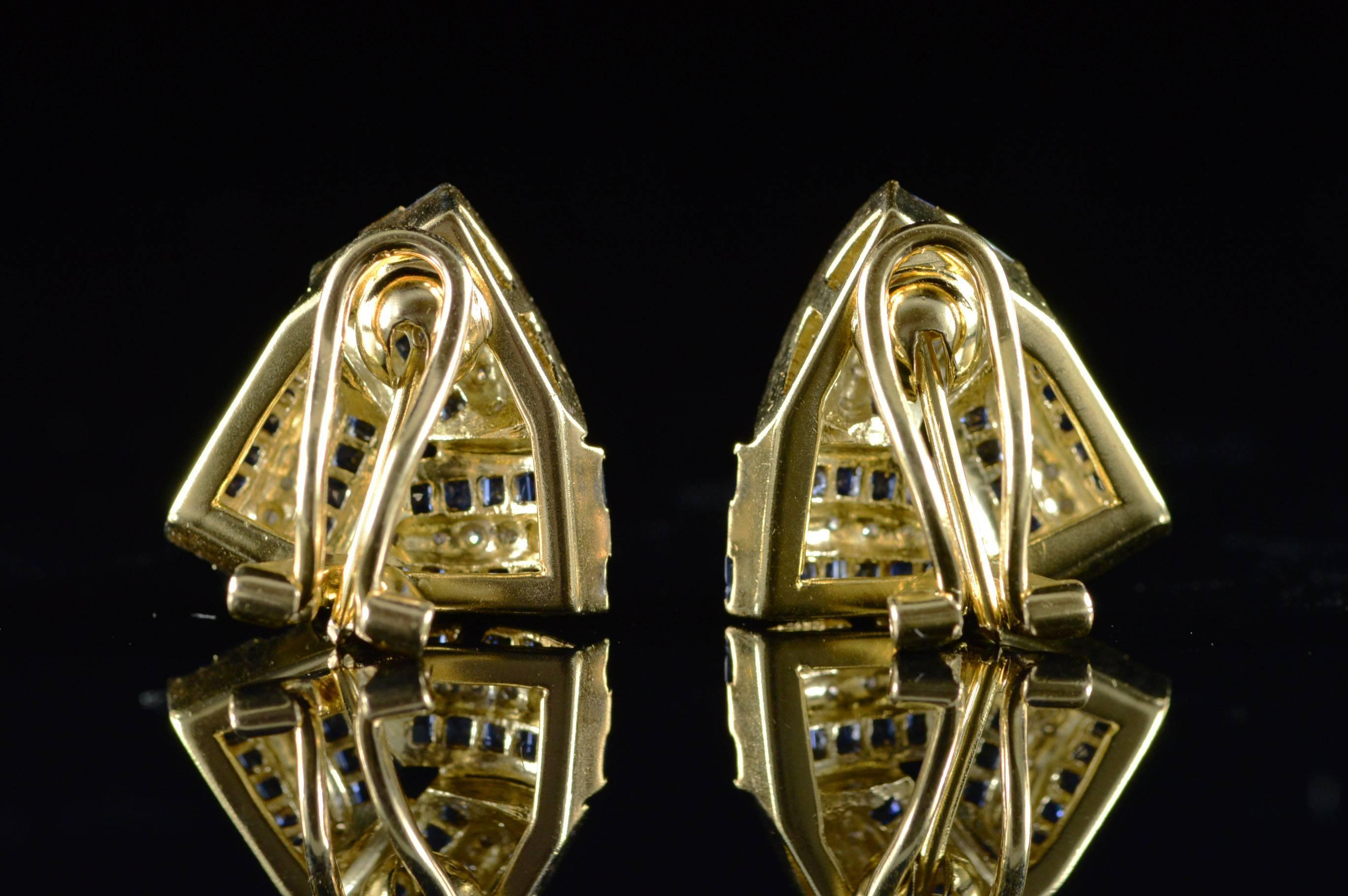 Women's Charles Krypell Triangular Channel Set Sapphire & Diamond 18K Gold Earrings