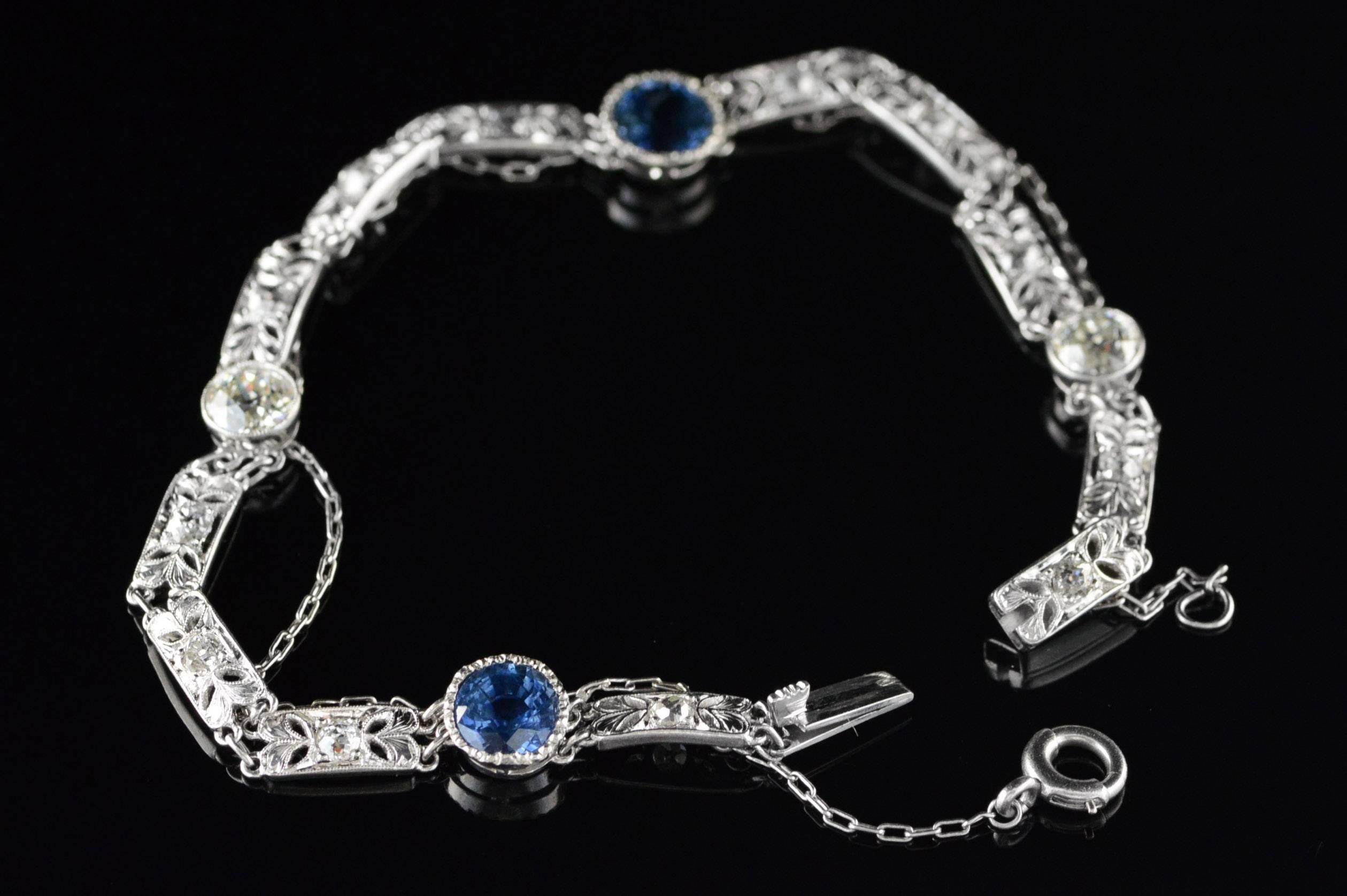 Art Deco  Platinum Filigree Diamond  Sapphire Bracelet