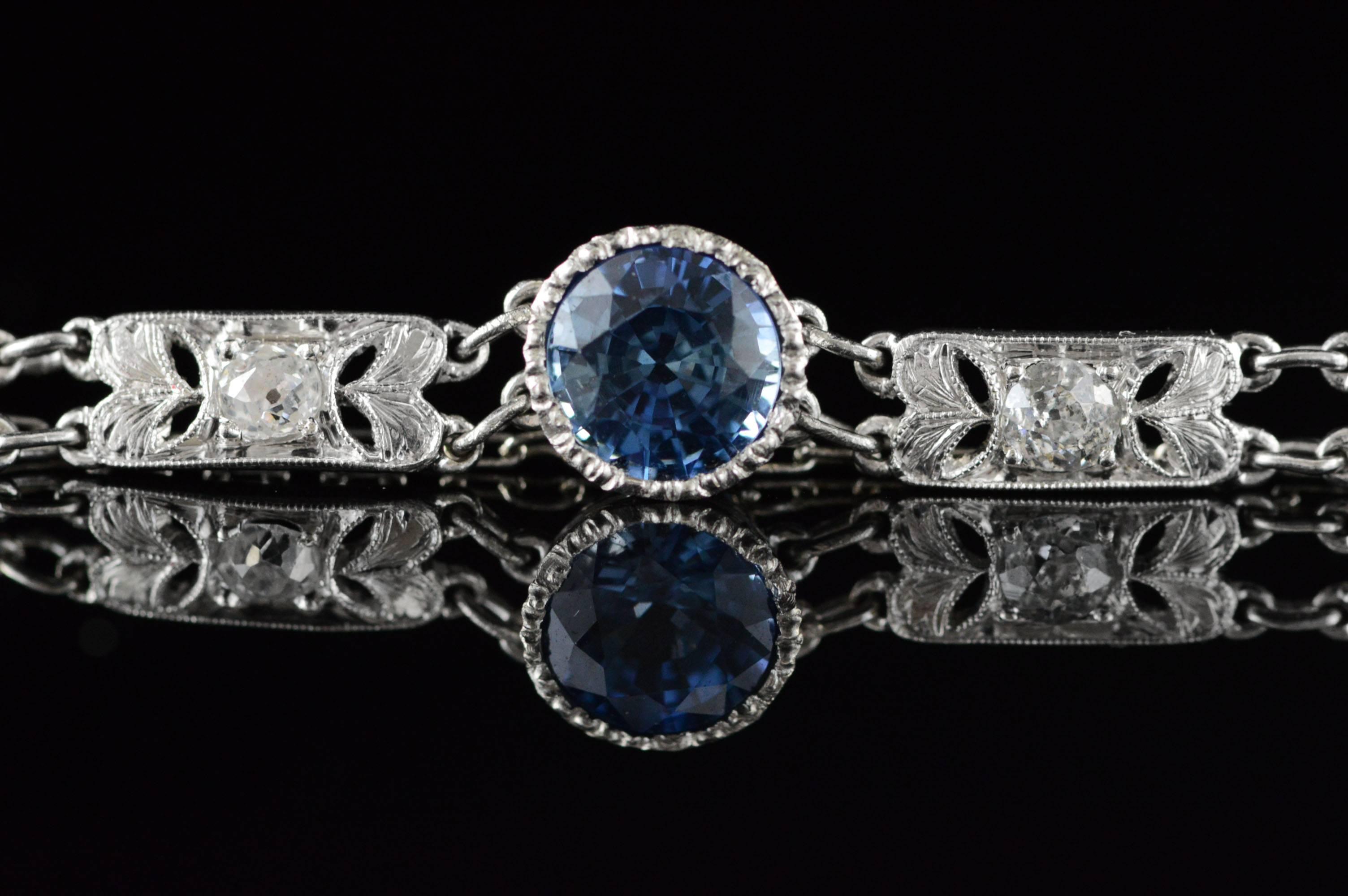  Platinum Filigree Diamond  Sapphire Bracelet In Excellent Condition In Frederick, MD