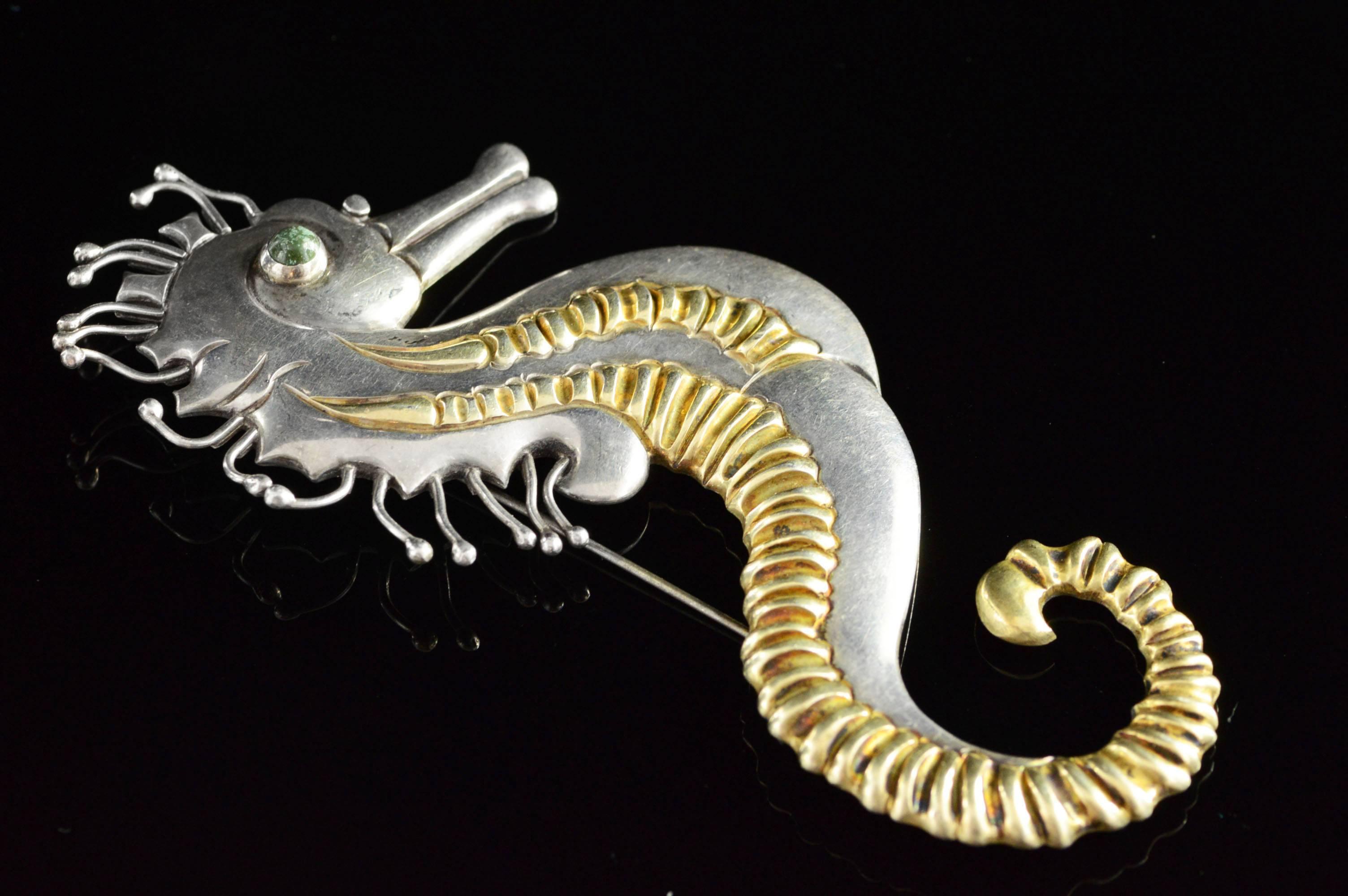 Modernist 1940s Hector Aguilar Seahorse Silver  Copper Taxco Pin